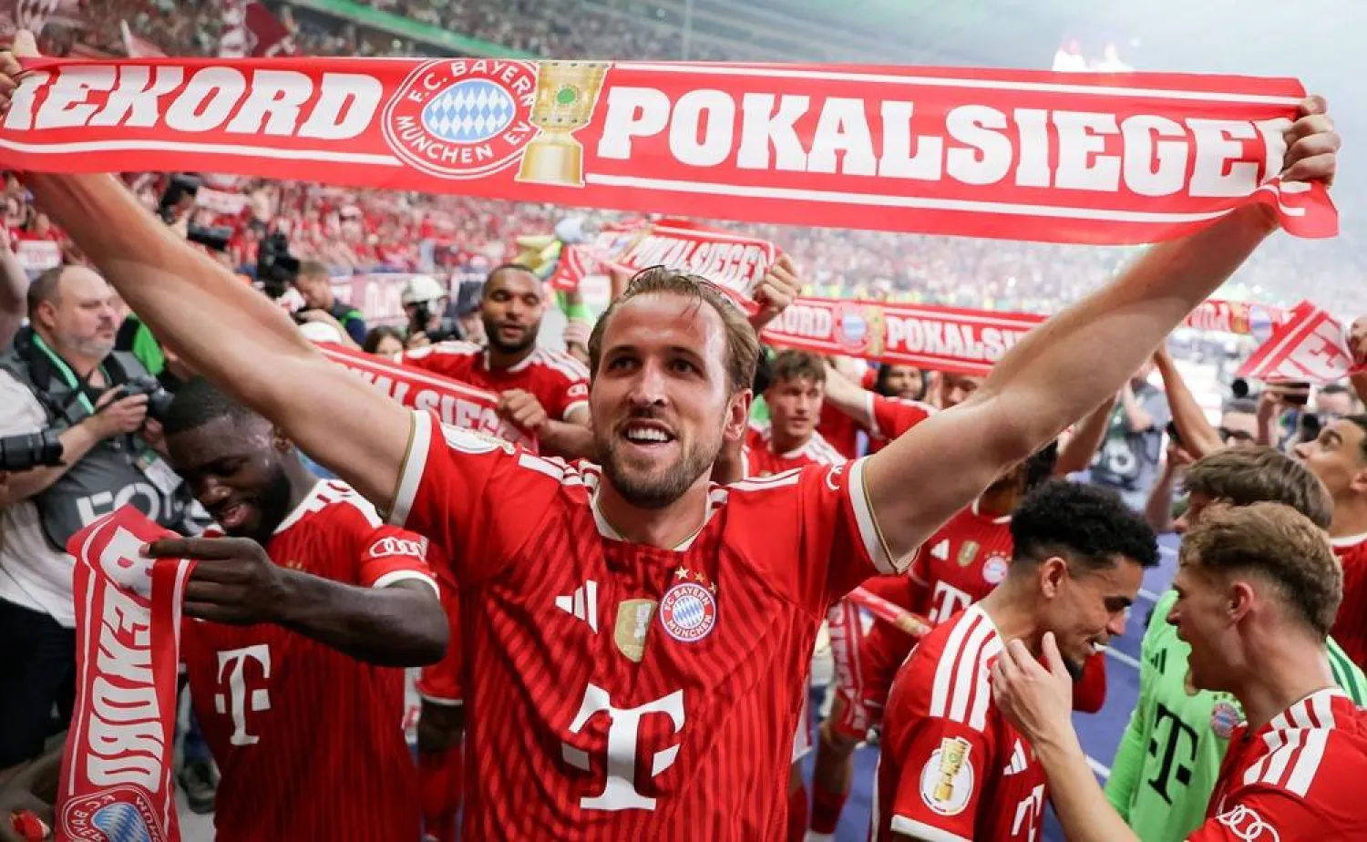 Harry Kane of Munich celebrates after winning the German DFB Cup final soccer match between Bayern Munich and VfB Stuttgart in Berlin, Germany, 23 May 2026. (EPA)