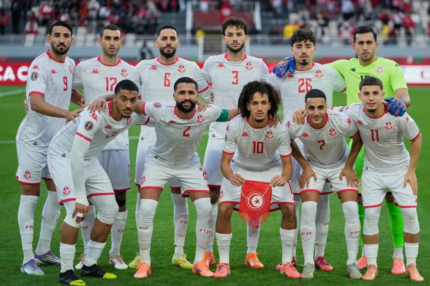 Tunisia players pose for a team photo before the Africa Cup of Nations group C soccer match between Tanzania and Tunisia in Rabat, Morocco, Tuesday, Dec. 30, 2025. (AP) 