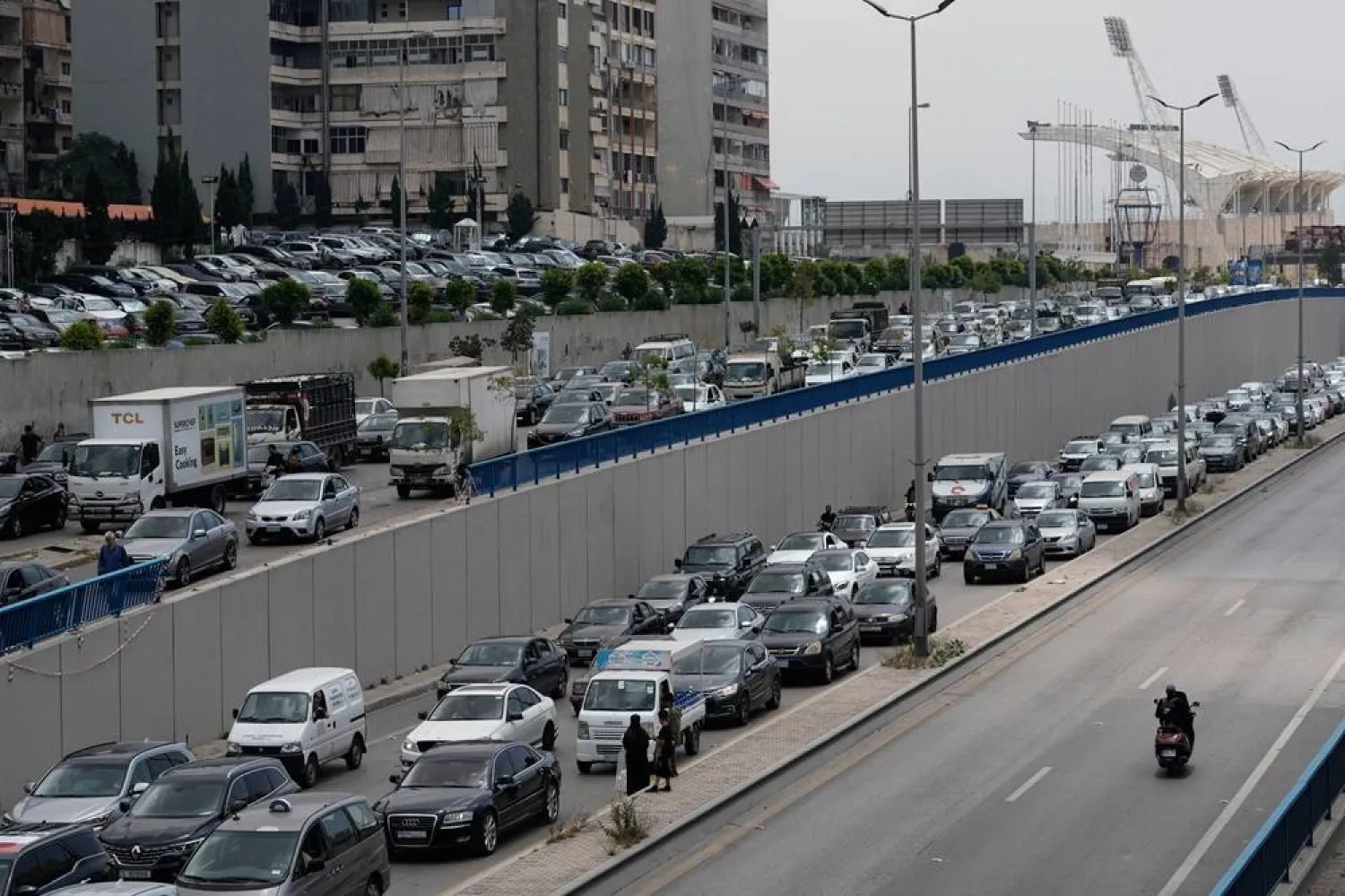 Cars sit in traffic on a highway as residents flee following an Israeli threat to strike Dahieh, Beirut's southern suburbs, Lebanon, Monday, June 1, 2026. (AP)
