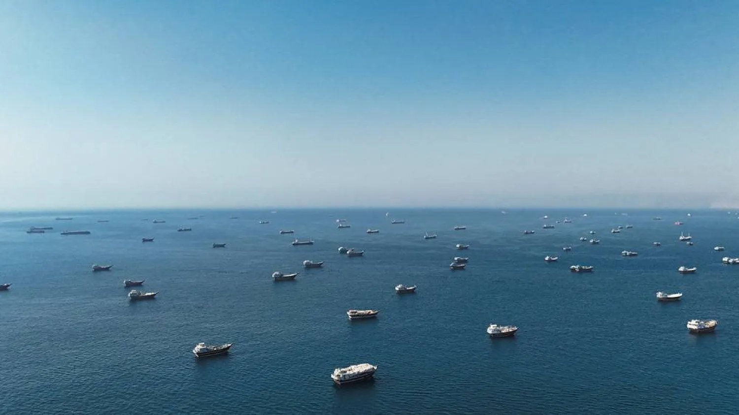  A drone view shows vessels at the Strait of Hormuz, as seen from Musandam, Oman, June 1, 2026. (Reuters)