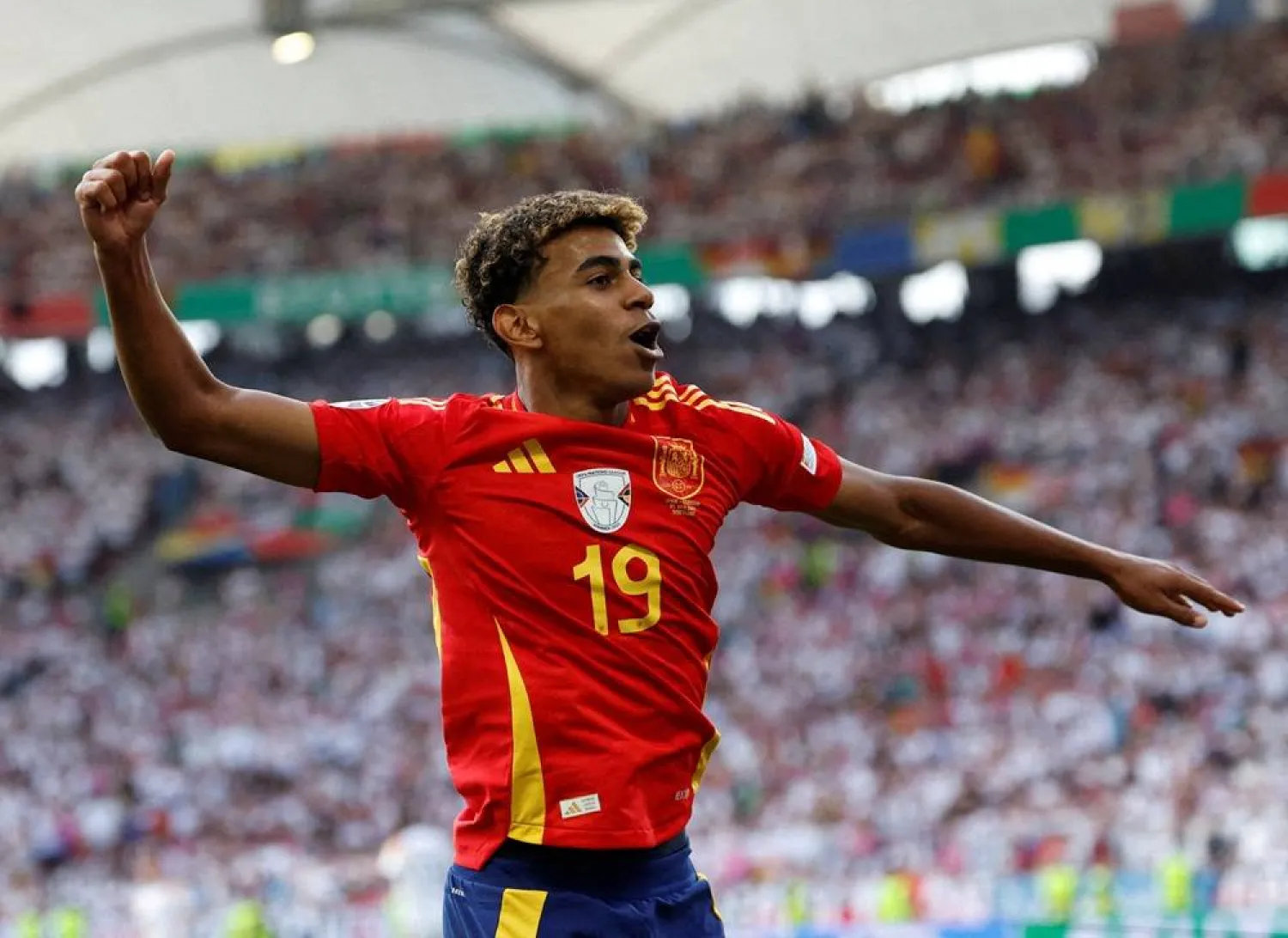 Football - Euro 2024 - Quarter-final - Spain v Germany - Stuttgart Arena, Stuttgart, Germany - July 5, 2024 Spain's Lamine Yamal celebrates after Dani Olmo scores their first goal. (Reuters)