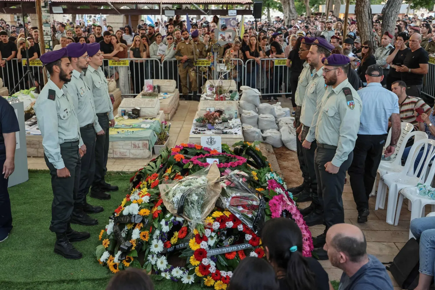 People react while attending the funeral of an Israeli soldier Captain Doctor Ori Yosef Silvester, a 30-year-old army doctor for the Givati Brigade's Shaked Battalion, who was killed in southern Lebanon, at the Segula Cemetery in Petah Tikva on June 2, 2026. (AFP)