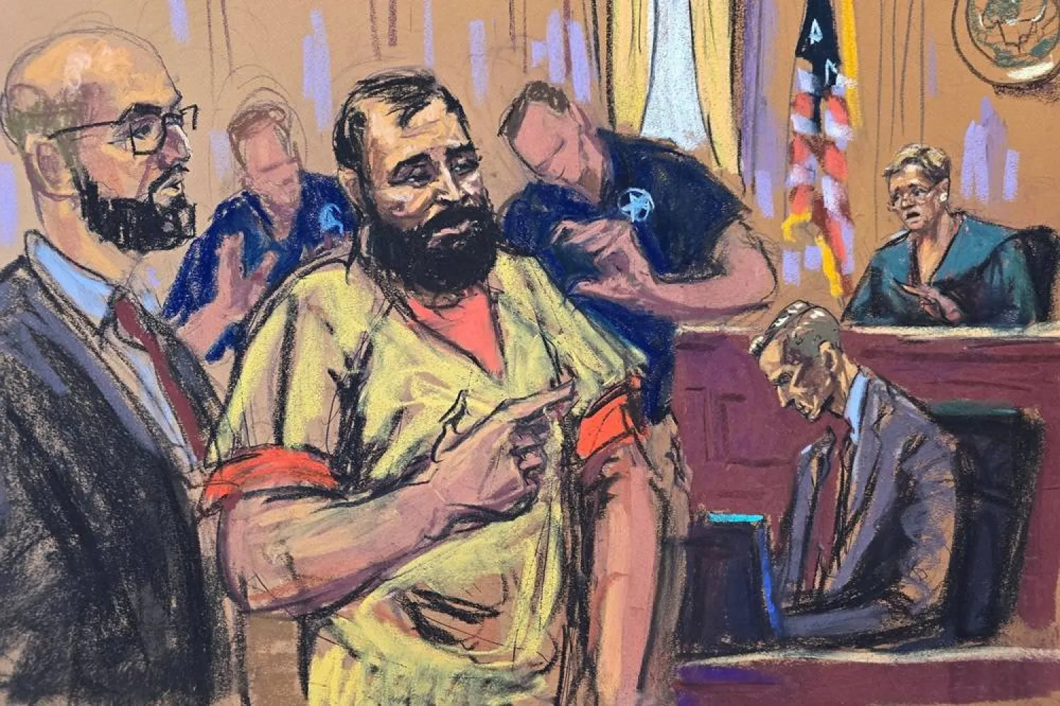 Mohammad Baqer Saad Dawood Al-Saadi, an Iraqi man accused of helping Iran-backed faction's plans for attacks in the United States and Europe, stands with his defense attorney Andrew Dalack before US District Judge Colleen McMahon during his arraignment in Manhattan federal court in New York City, US, June 1, 2026 in a courtroom sketch. (Reuters)