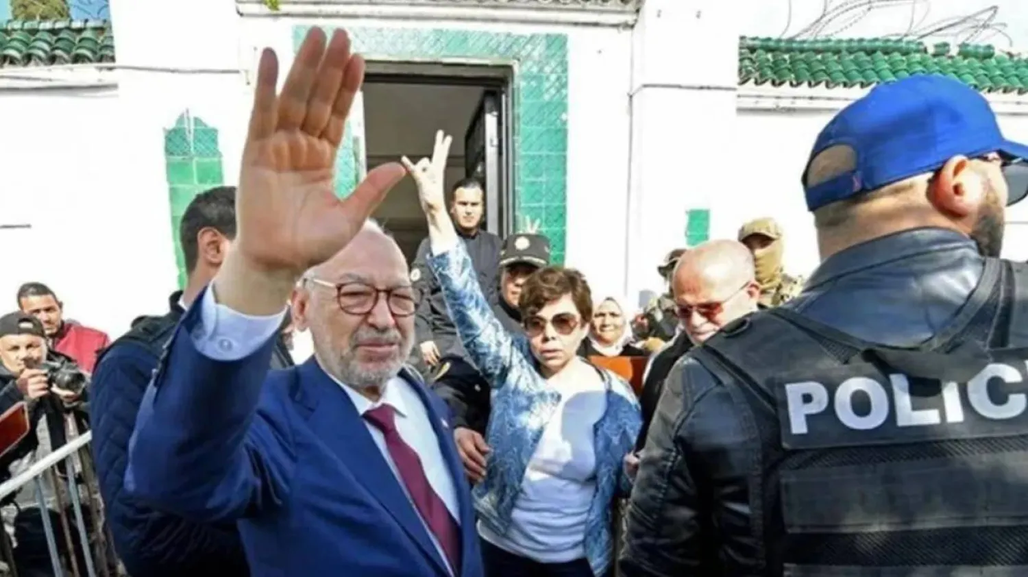 Tunisia's Ennahdha party chief Rached Ghannouchi after leaving court. File photo