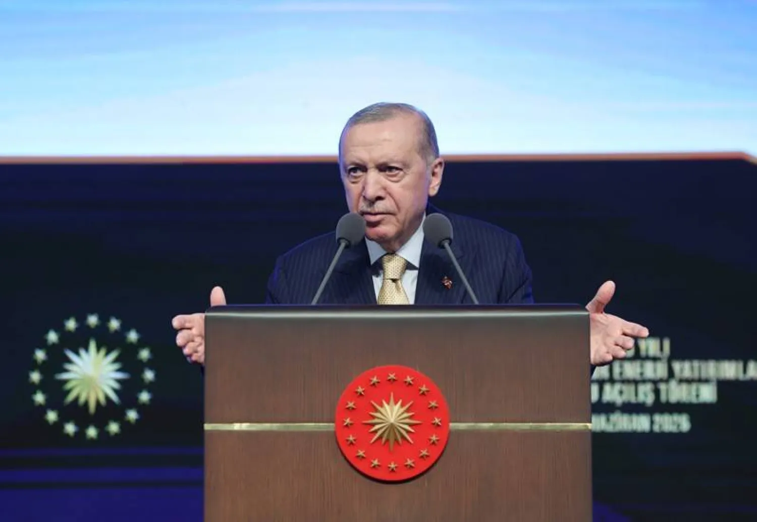 الرئيس التركي رجب طيب إردوغان متحدثاً خلال فعالية في أنقرة الأربعاء (الرئاسة التركية)