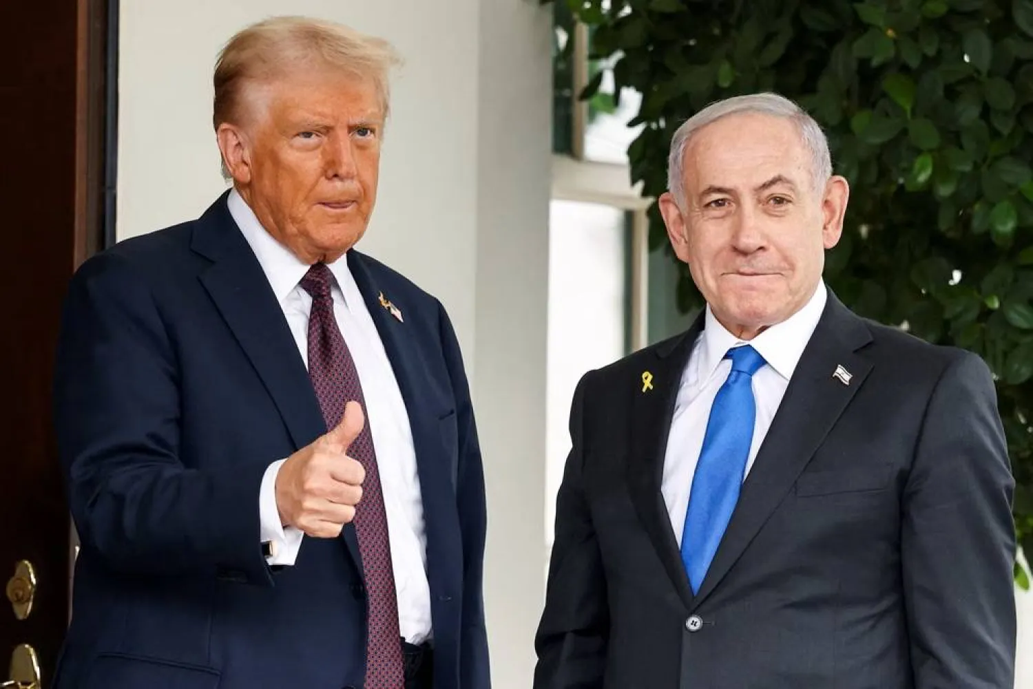 US President Donald Trump gives a thumbs up as he welcomes Israeli Prime Minister Benjamin Netanyahu at the White House in Washington, DC, US, September 29, 2025. (Reuters) 