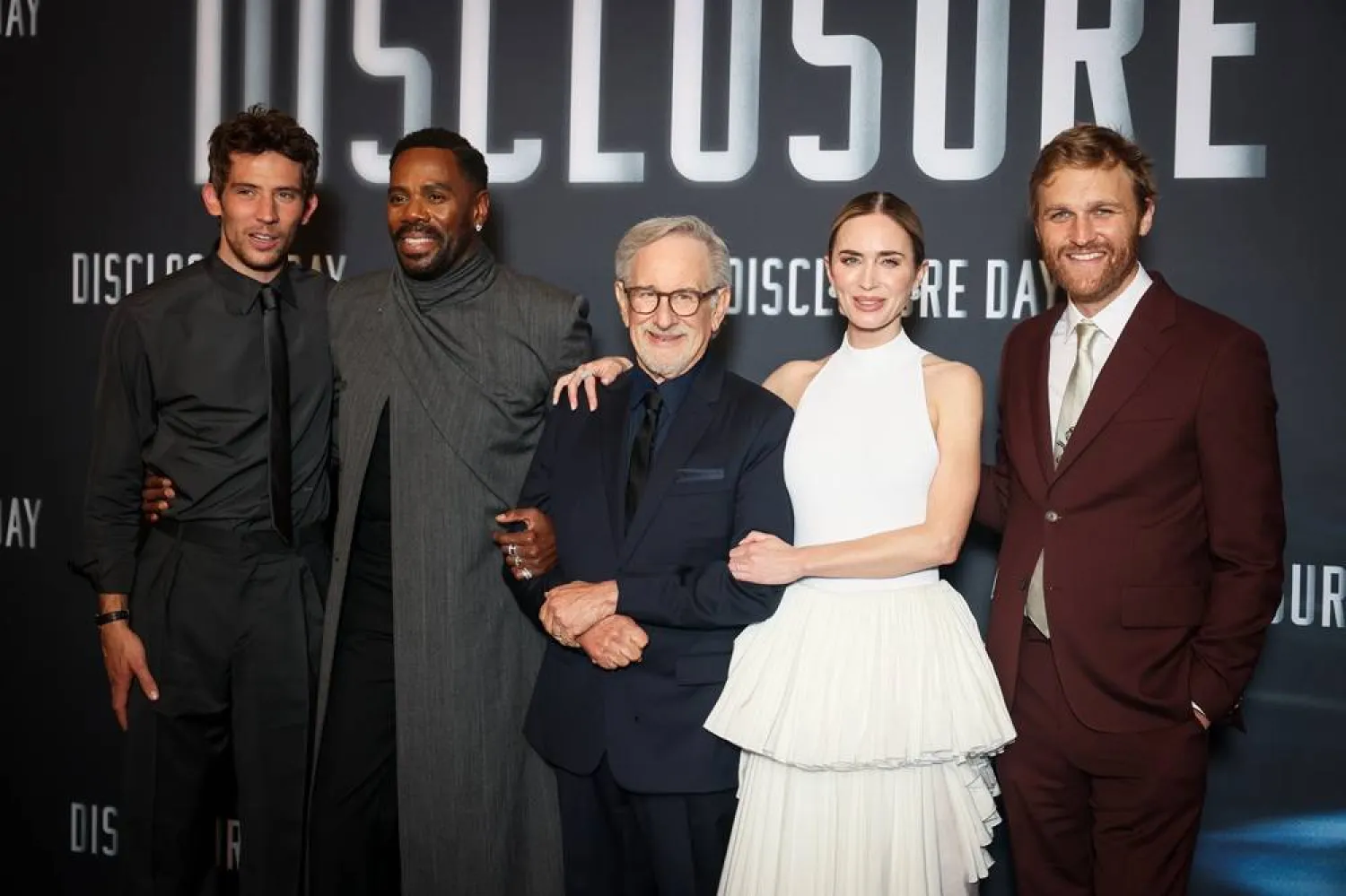  From left, Josh O'Connor, Colman Domingo, Steven Spielberg, Emily Blunt and Wyatt Russel pose upon arrival for the premiere of the film "Disclosure Day" at the Grand Rex in Paris, Tuesday, June 2, 2026. (AP) 