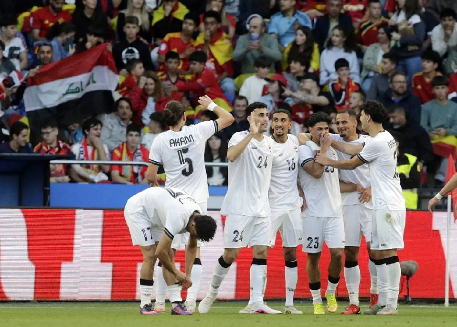 Football - International Friendly - Spain v Iraq - Riazor stadium, A Coruna, Spain - June 4, 2026 Iraq's Merchas Doski celebrates scoring their first goal with teammates. (Reuters) 