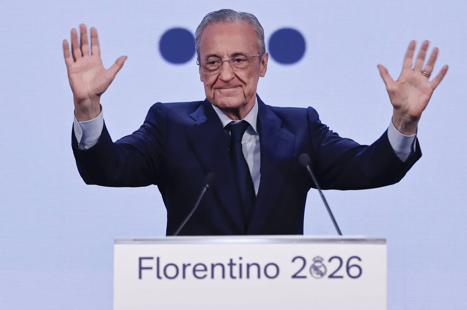 Real Madrid's President Florentino Pérez presents his campaign for the club's elections, under the slogan "A lot of history yet to be made", in Madrid, Spain, 27 May 2026. (EPA)