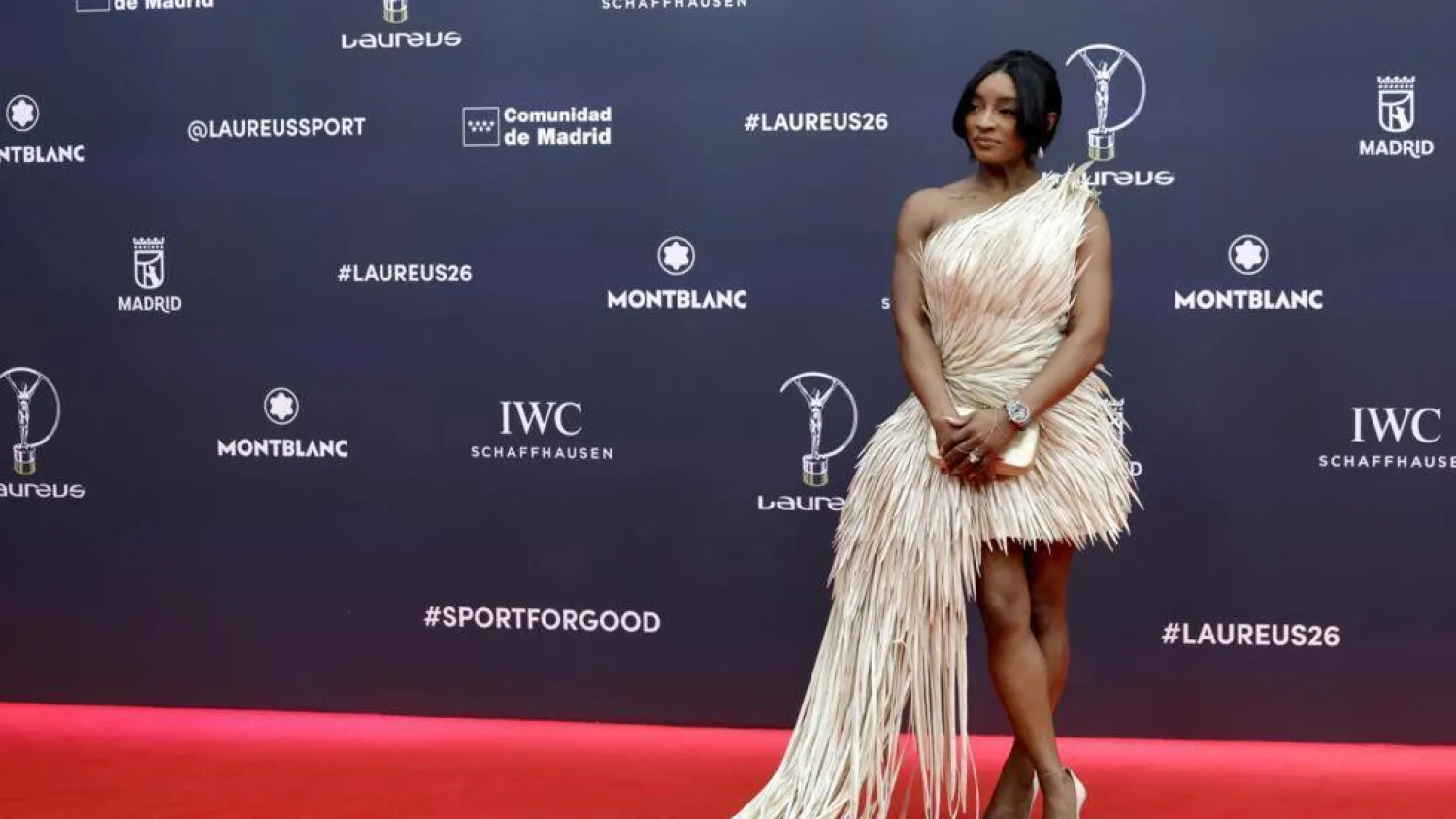 US gymnast Simone Biles poses on the Red Carpet ahead of the 27th Laureus World Sports Awards gala in Madrid in April 2026. Oscar DEL POZO / AFP/File
