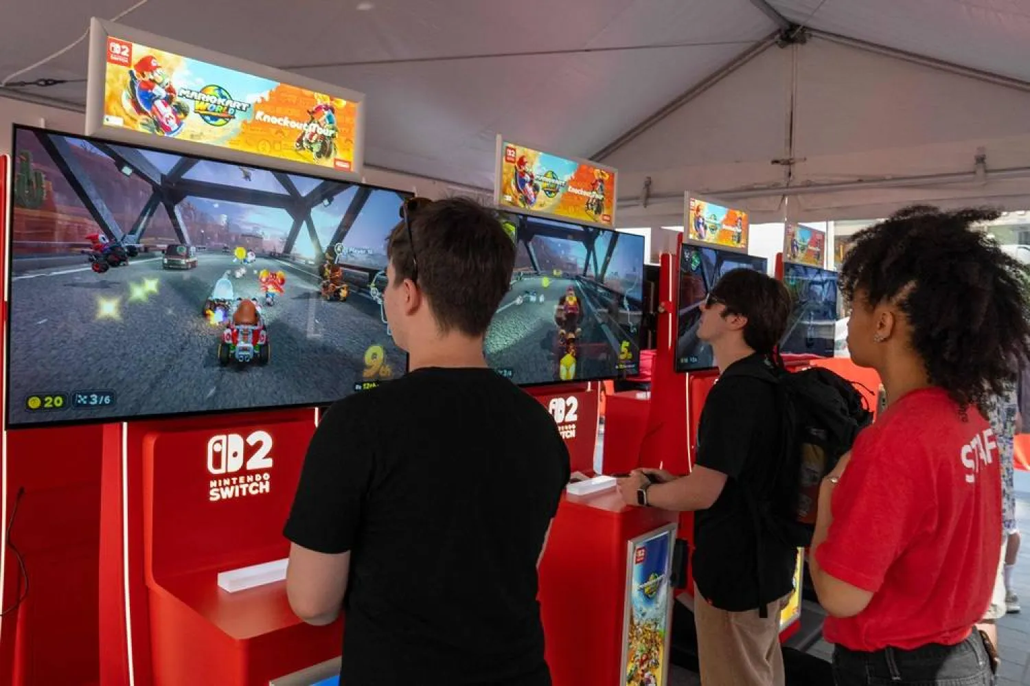 People play Mario Kart World during a launch event ahead of the midnight release of the Nintendo Switch 2 at the Nintendo New York store on June 4, 2025. (AFP)