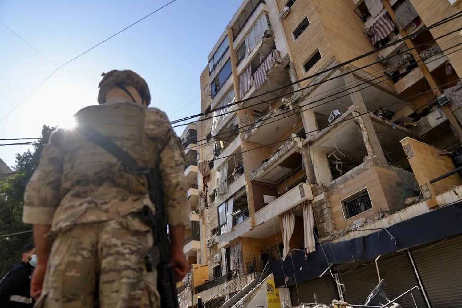 An army soldier stands at the site of an Israeli airstrike targeting an apartment in the southern suburbs of Beirut, Lebanon, 07 June 2026. (EPA)