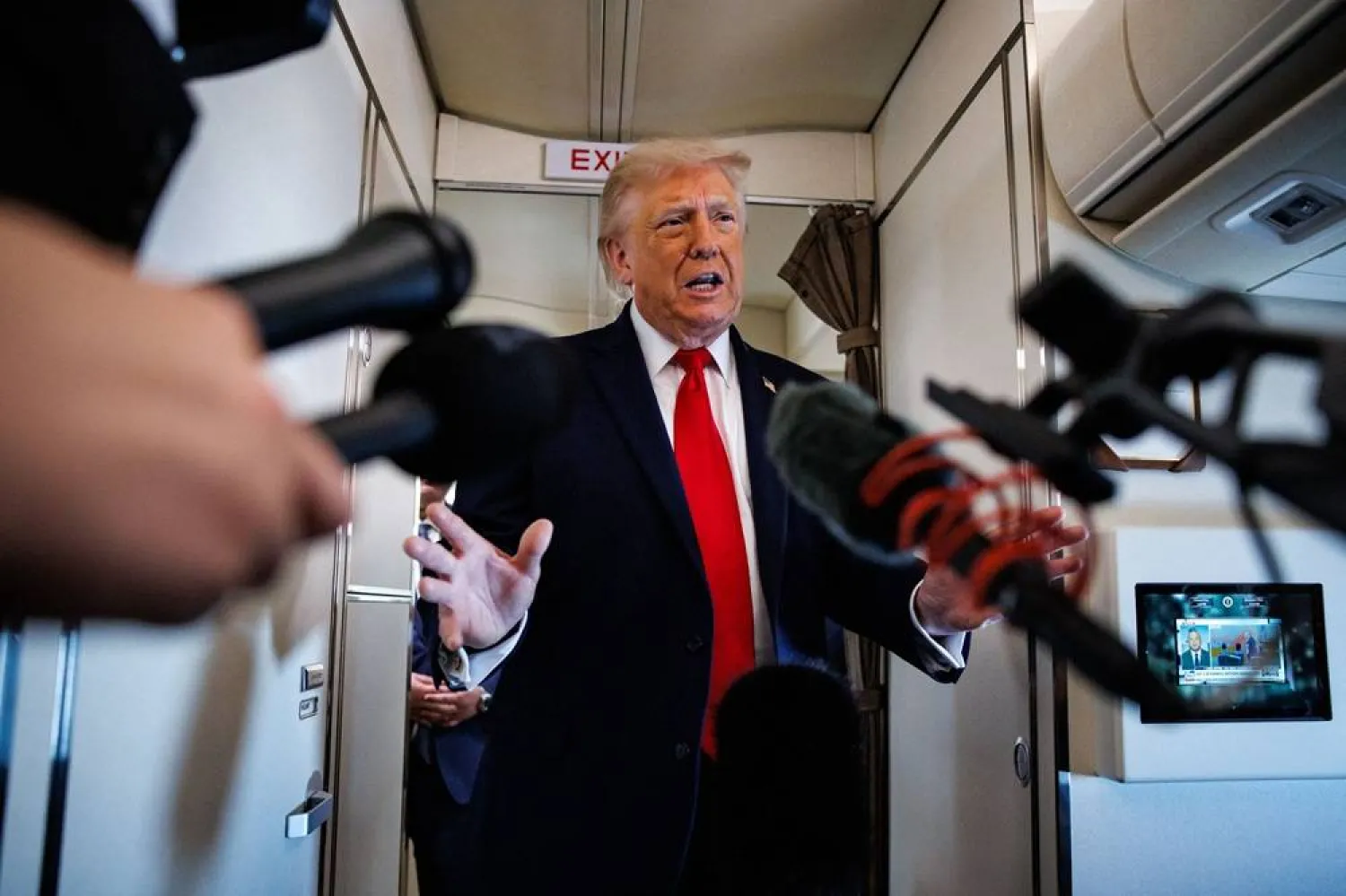 US President Donald Trump speaks with reporters while aboard Air Force One on June 5, 2026 en route to Chippewa Falls, Wisconsin. (Getty Images/AFP) 