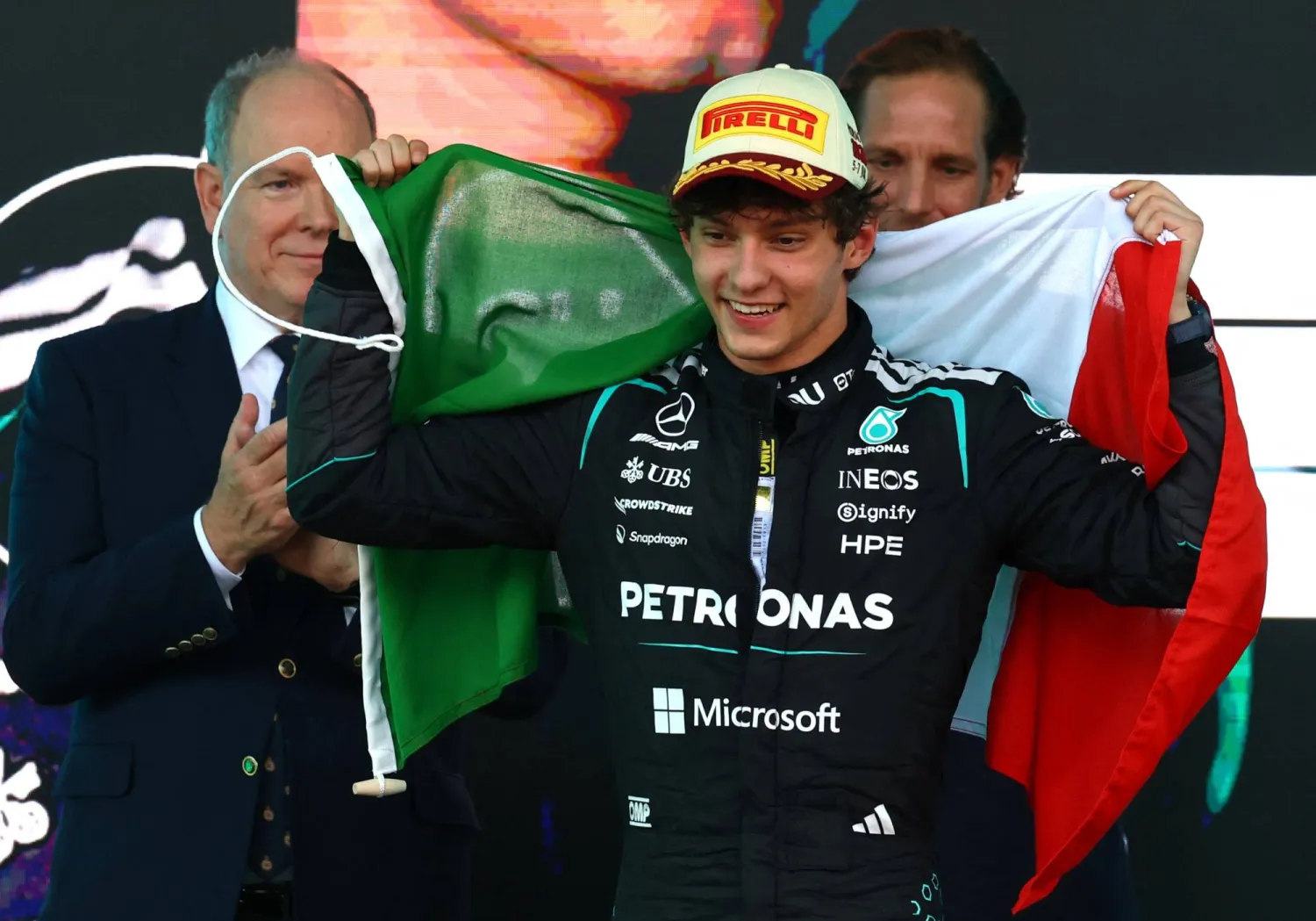 Formula One F1 - Monaco Grand Prix - Circuit de Monaco, Monaco - June 7, 2026 Mercedes' Andrea Kimi Antonelli celebrates on the podium after winning the Monaco Grand Prix. (Reuters)