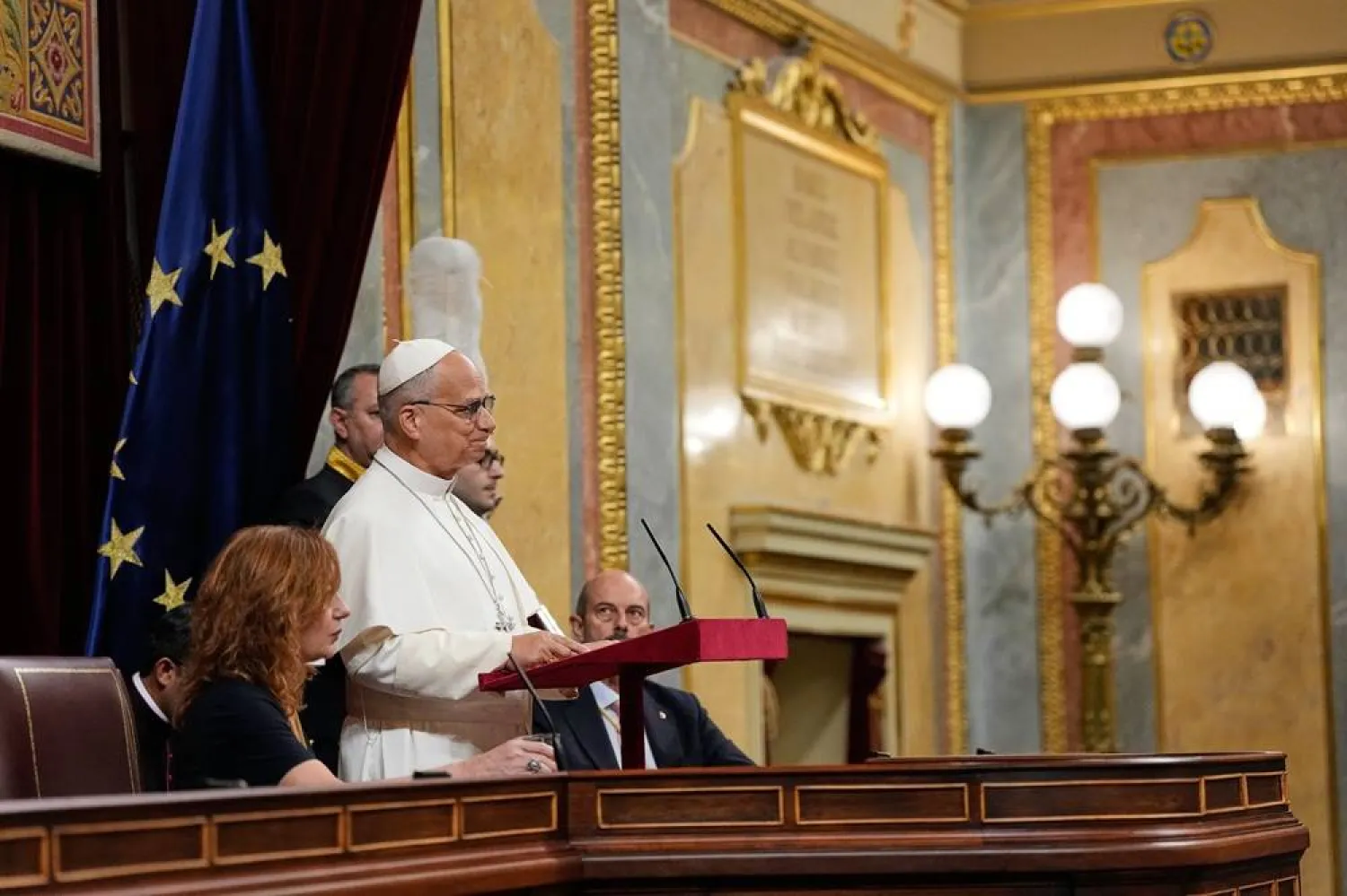  Pope Leo XIV delivers his speech as he meets with members of the Spanish Parliament at the Congress of Deputies, in Madrid, Monday, June 8, 2026. (AP) 