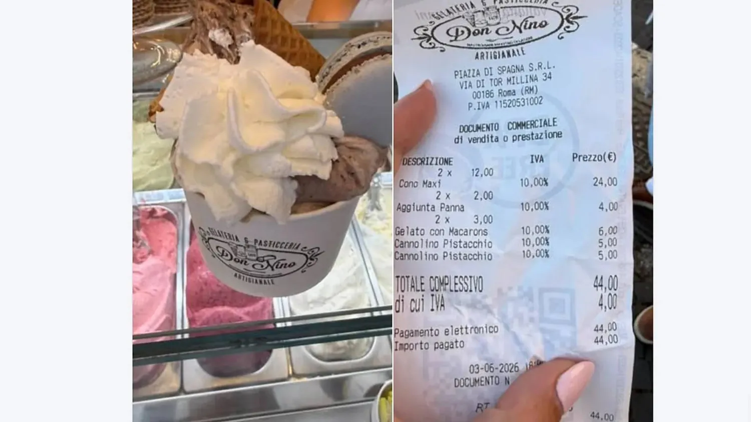 US tourist couple complains two cups of ice cream cost 44 euros in Rome (Nicole Ann/Facebook)  
