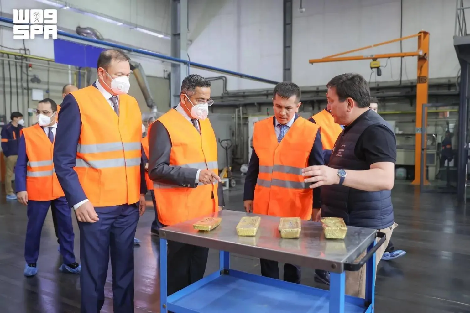 Saudi Minister of Industry and Mineral Resources Bandar Alkhorayef and other officials are seen during the tour of the gold refinery in Astana on Tuesday. (SPA)