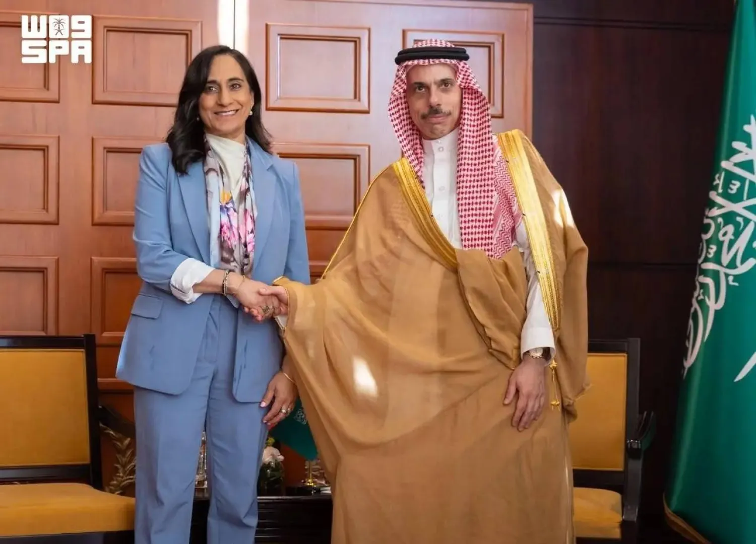 Saudi Minister of Foreign Affairs Prince Faisal bin Farhan bin Abdullah met with Canadian Minister of Foreign Affairs Anita Anand. (SPA)