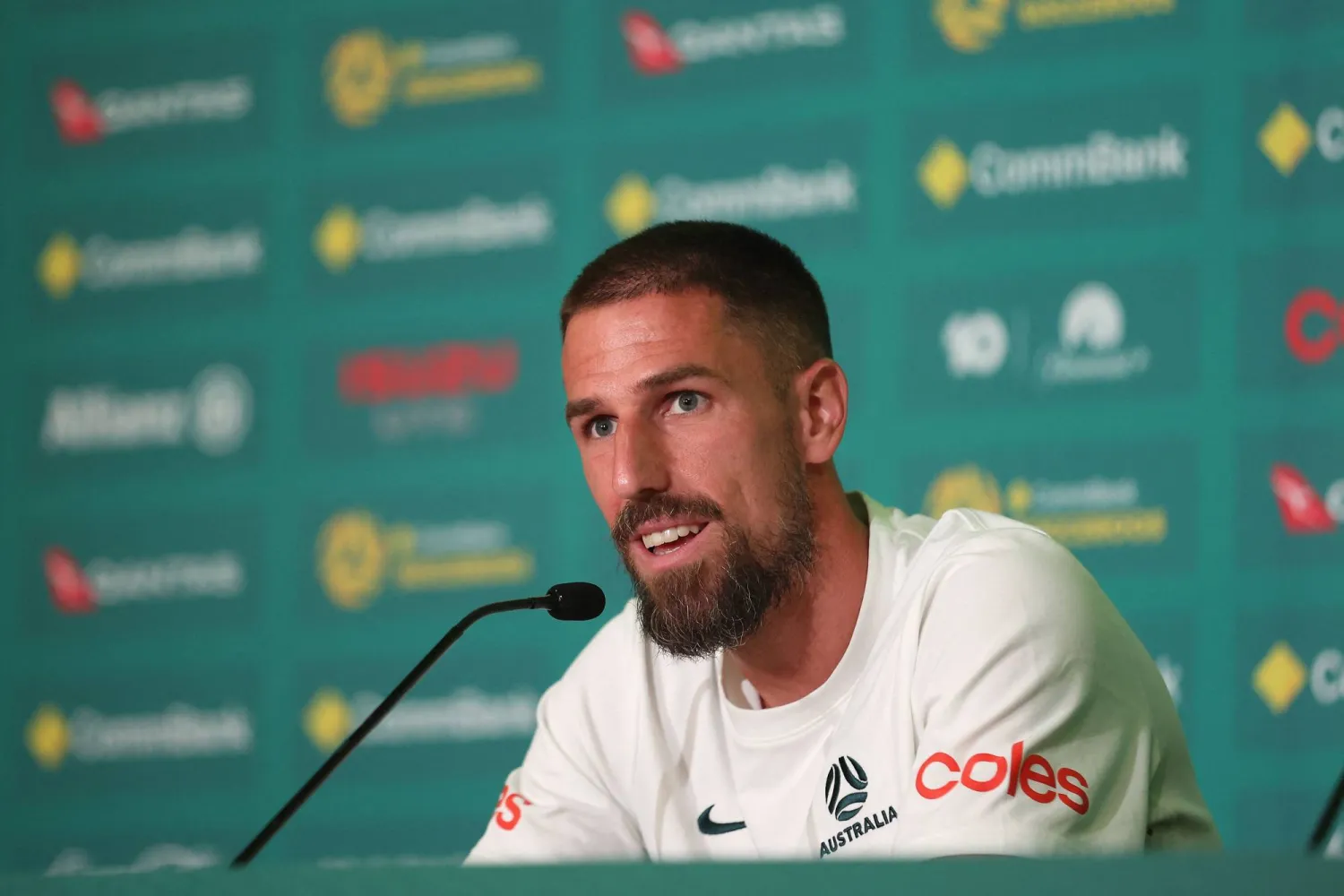 ALAMEDA, CALIFORNIA - JUNE 10: Milos Degenek #2 of Australia addresses the media after a training session ahead of FIFA World Cup 2026 at Oakland Roots & Soul Sports Club on June 10, 2026 in Alameda, California. Lachlan Cunningham/Getty Images/AFP 