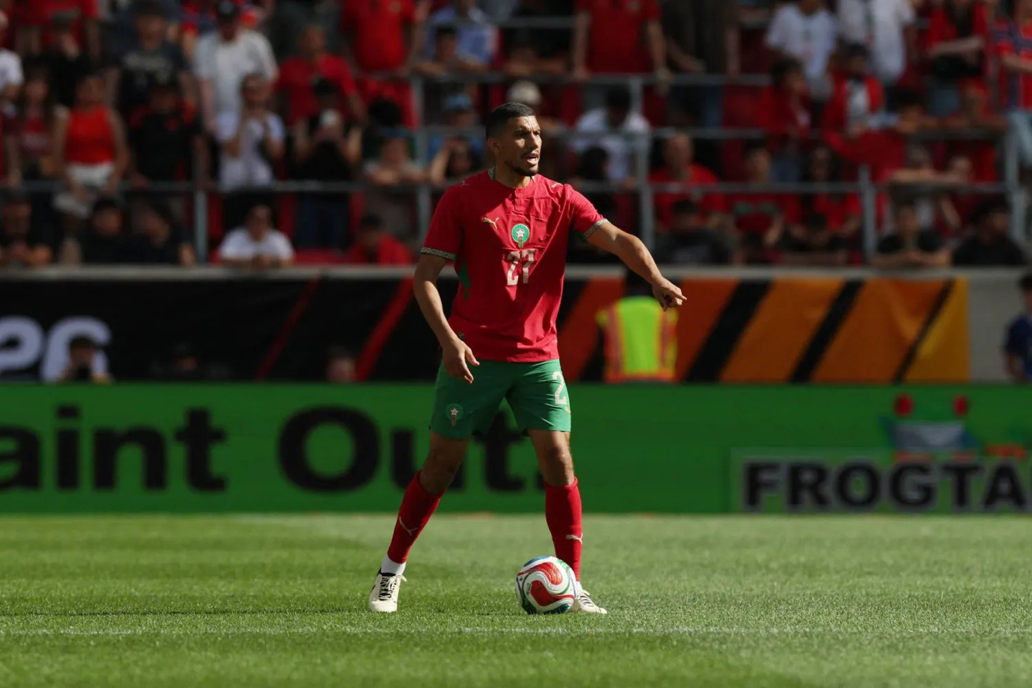 HARRISON, NEW JERSEY - JUNE 07: Marwane Saadane of Morocco controls the ball during the international friendly match between Morocco and Norway at Red Bull Arena on June 07, 2026 in Harrison, New Jersey. Vincent Carchietta/Getty Images/AFP 