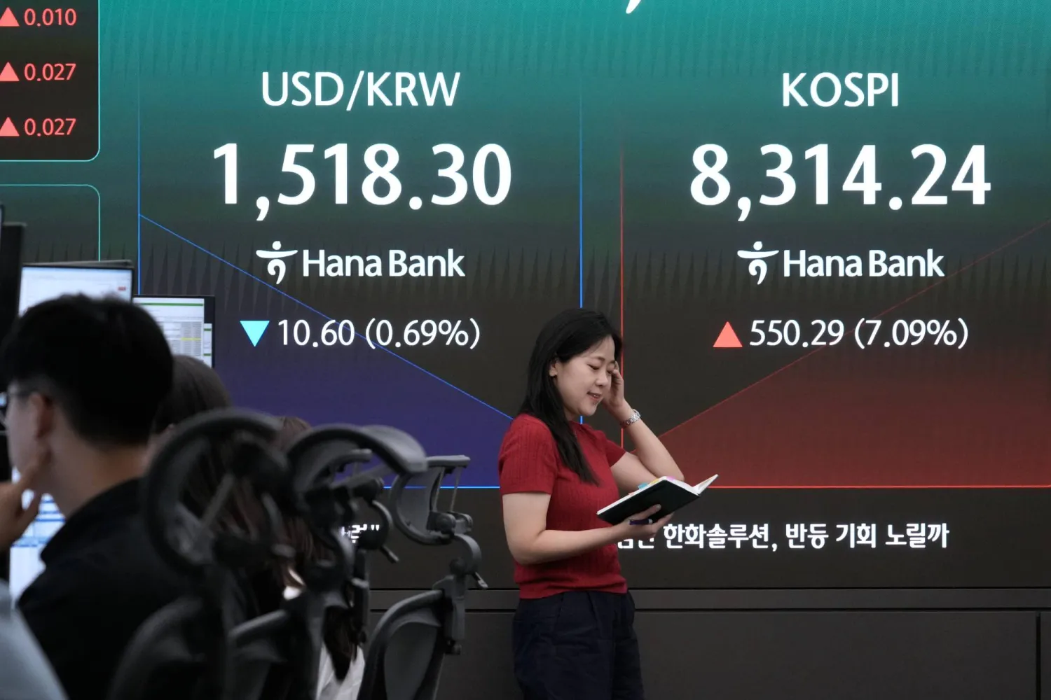 متداول عملات يتابع أداء مؤشر «كوسبي» وسعر صرف الدولار مقابل الوون في مقر بنك هانا بسيول (أ.ب)
