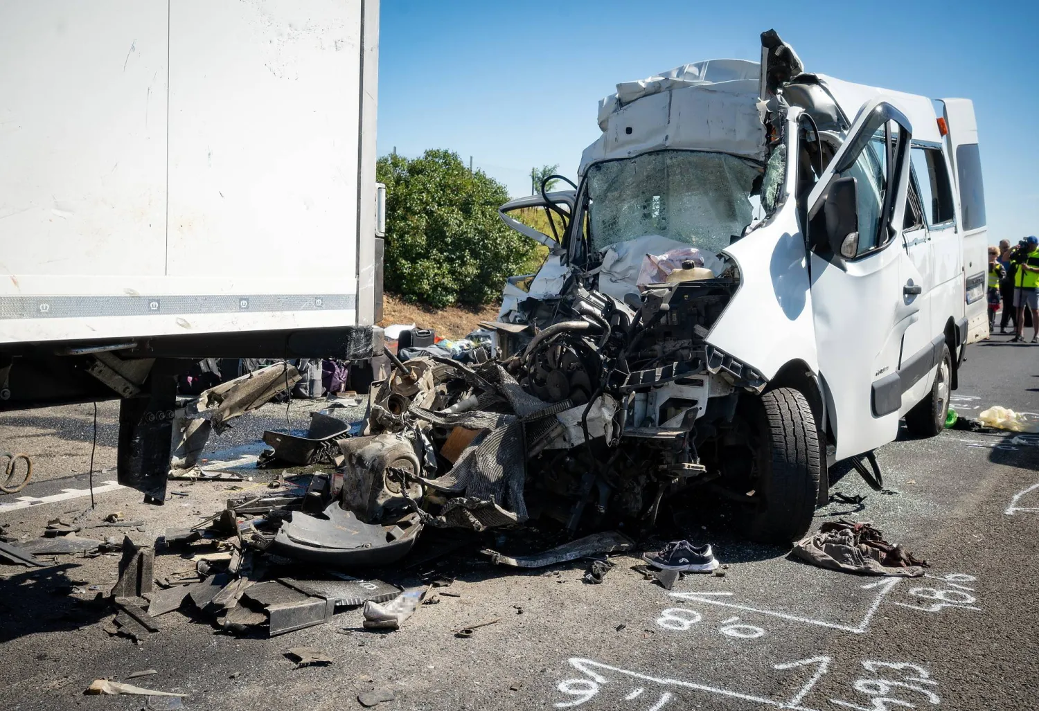 A damaged minibus is seen on the M1 motorway near Gyor, Hungary, 12 June 2026. EPA/Csaba Krizsan HUNGARY OUT