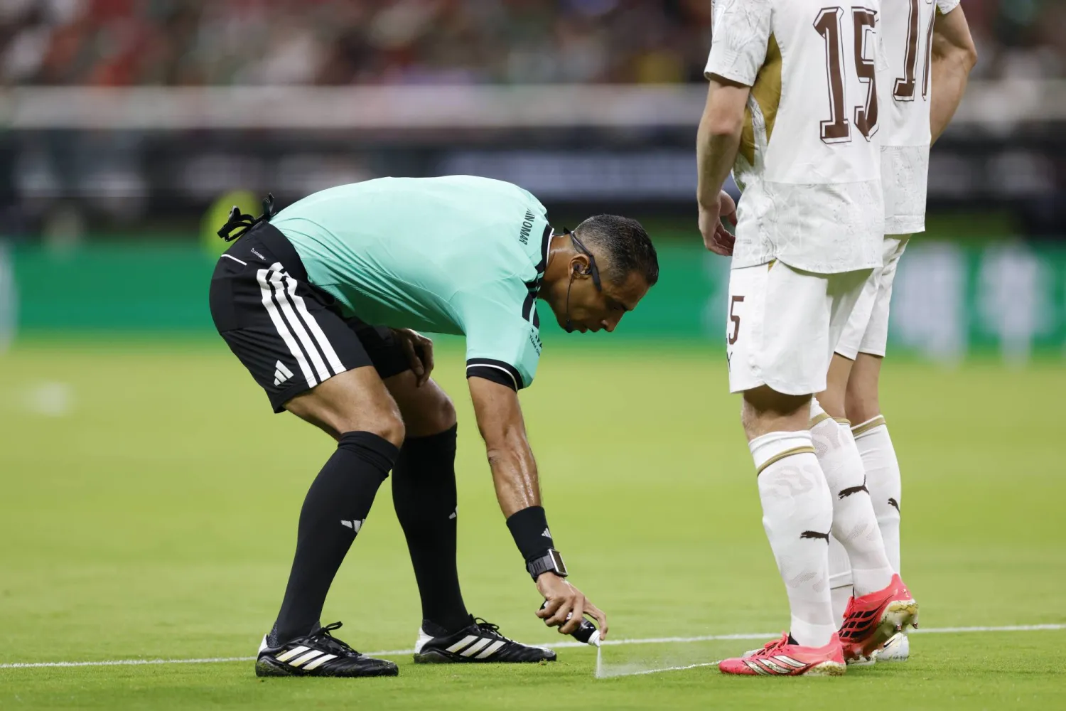 الحكم المصري أمين عمر يضع حداً أمام لاعب التشيك قبل تنفيذ الخطأ المرتكب في المباراة (إ.ب.أ)