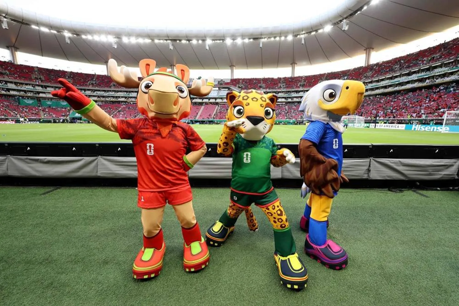  Mascots of the World Cup, Maple the Moose (L), Zayu the Jaguar (C) and Clutch the Bald Eagle pose for a picture ahead of the 2026 World Cup Group A football match between South Korea and the Czech Republic at the Guadalajara Stadium in Zapopan on June 11, 2026. (AFP) 