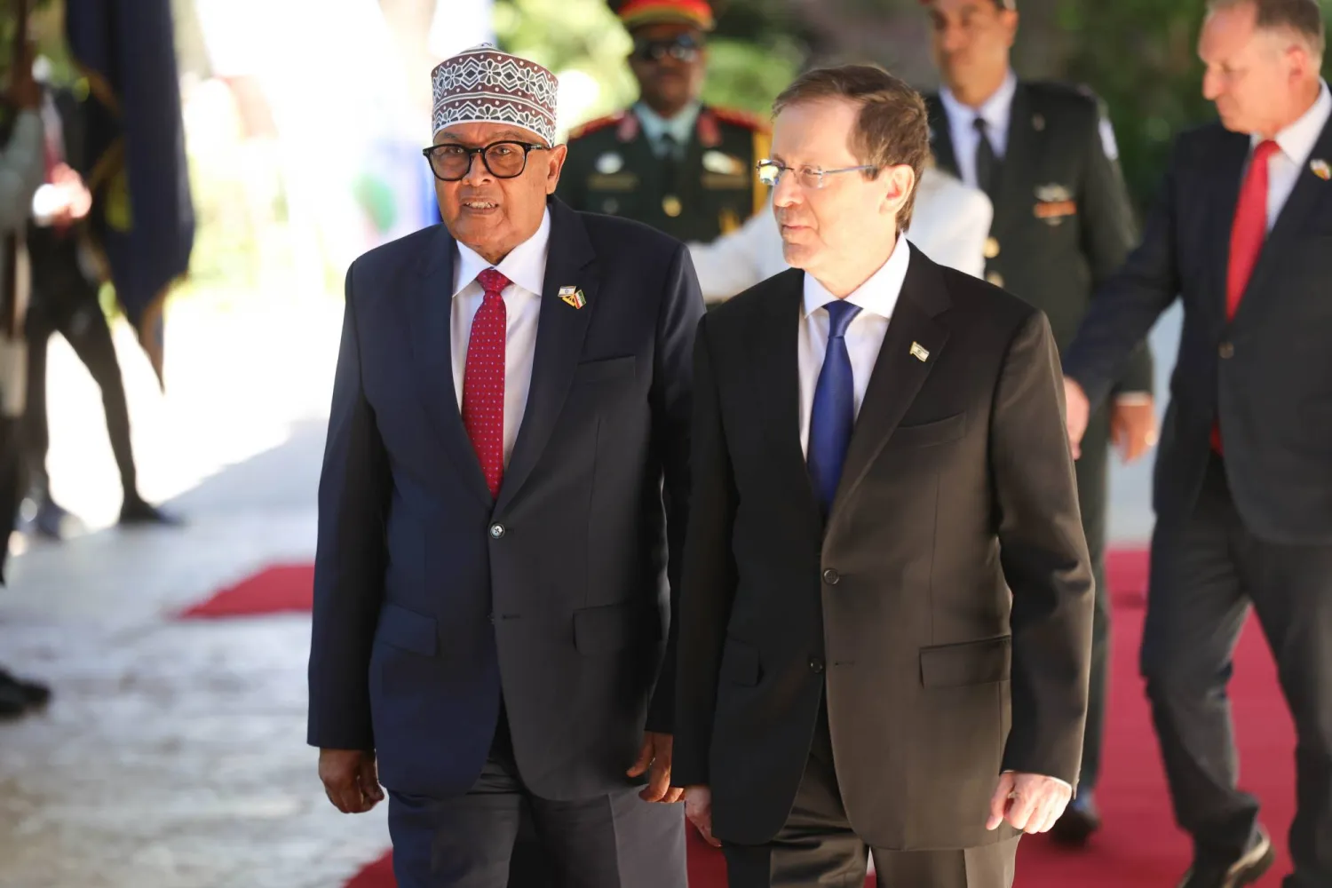 Somaliland's President Abdirahman Mohamed Abdullahi (L) is welcomed by Israeli President Isaac Herzog (R) at the presidential residence in Jerusalem, 14 June 2026, during his first visit to Israel.  EPA/ABIR SULTAN
