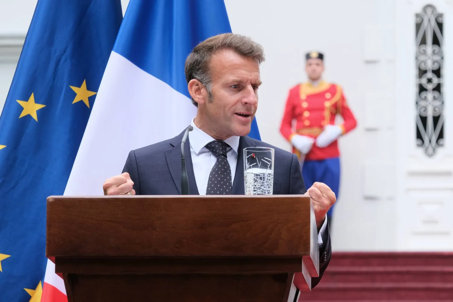 French President Emmanuel Macron speaks during a press conference after talks with Montenegro's President Jakov Milatovic in Cetinje, Montenegro, Thursday, June 4, 2026. (AP Photo/Risto Bozovic)