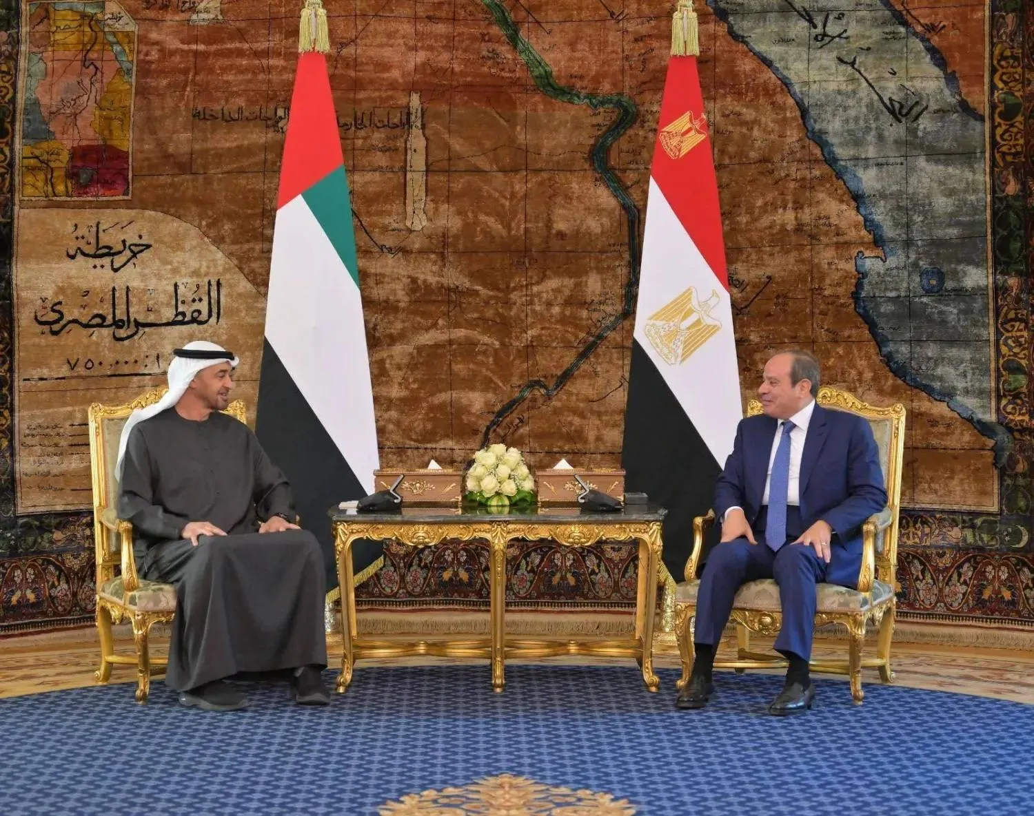 Egyptian President Abdel Fattah al-Sisi and United Arab Emirates President Sheikh Mohamed bin Zayed Al Nahyan meet in Cairo on Monday. (Egyptian presidency)
