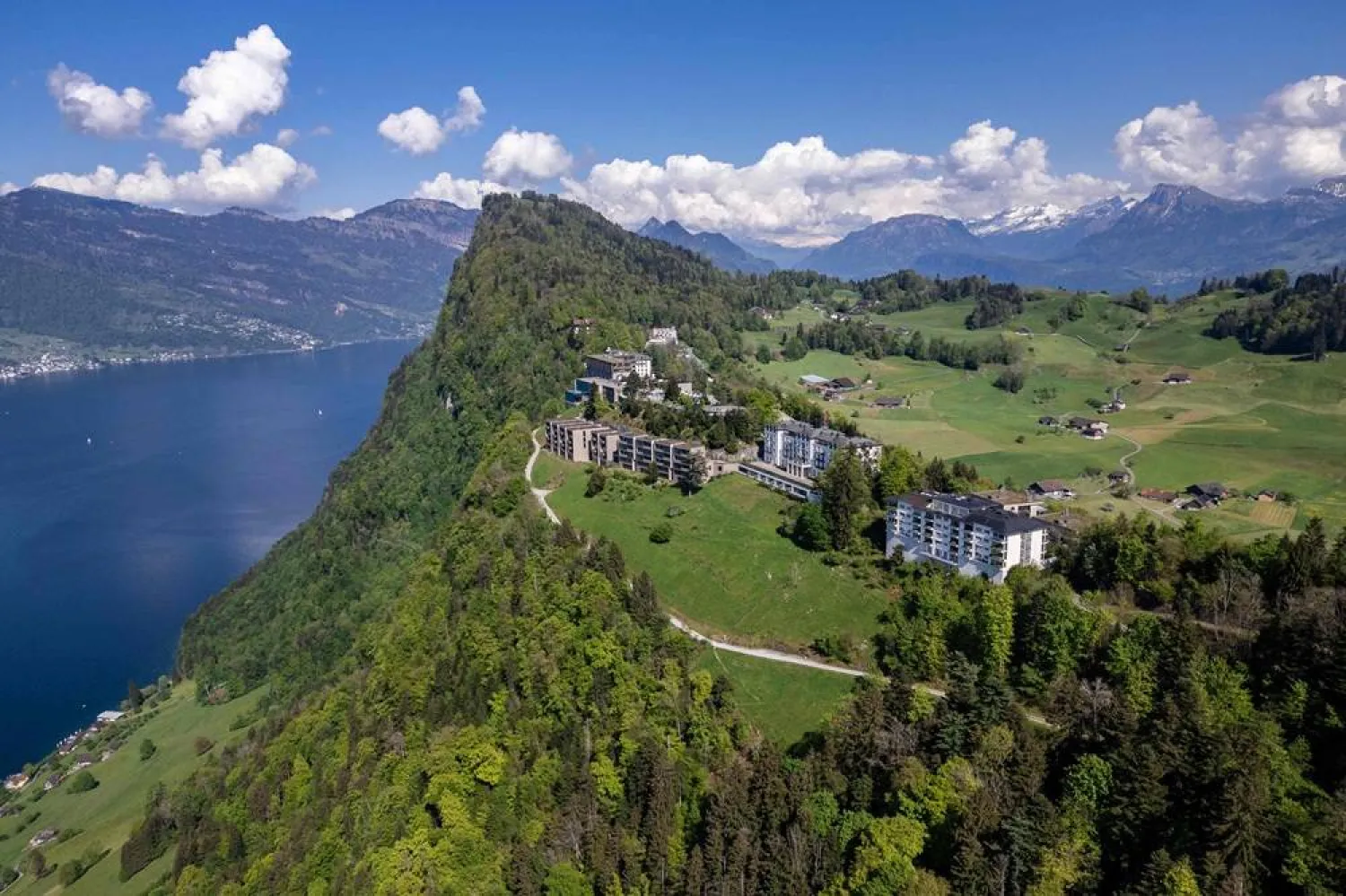 An aerial picture taken on May 10, 2024 shows the Burgenstock resort above Lake Lucerne. (AFP)