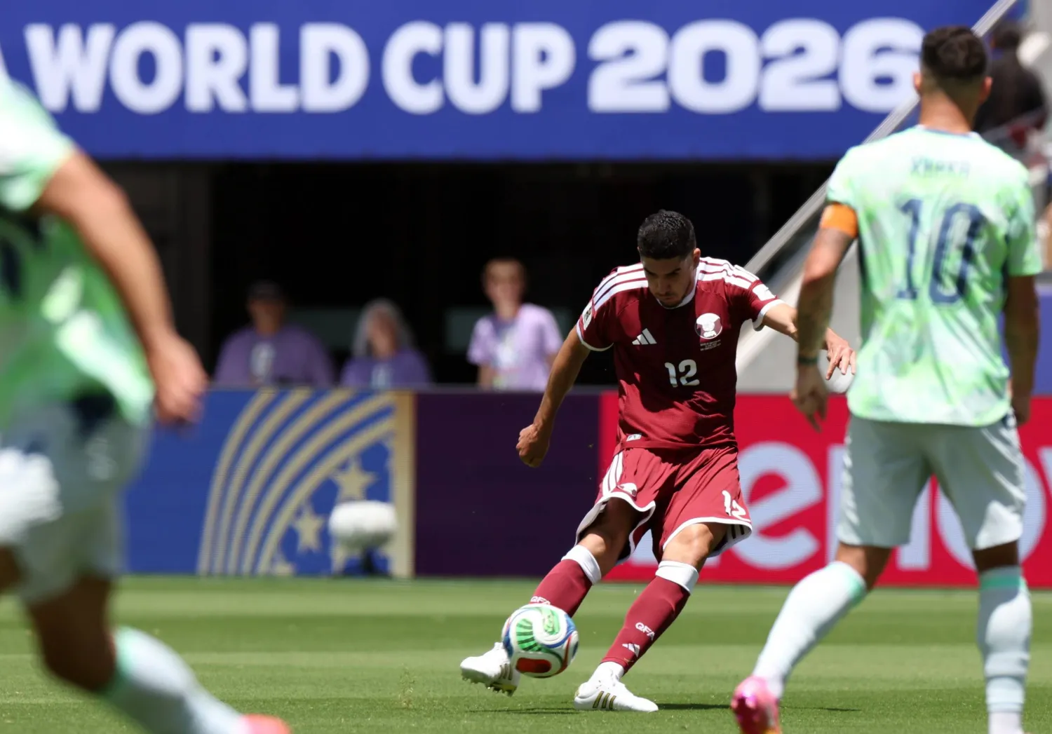Karim Boudiaf of Qatar takes a shot on goal during the FIFA World Cup 2026 group stage match Qatar against Switzerland, in San Francisco, USA, 13 June 2026. (EPA) 