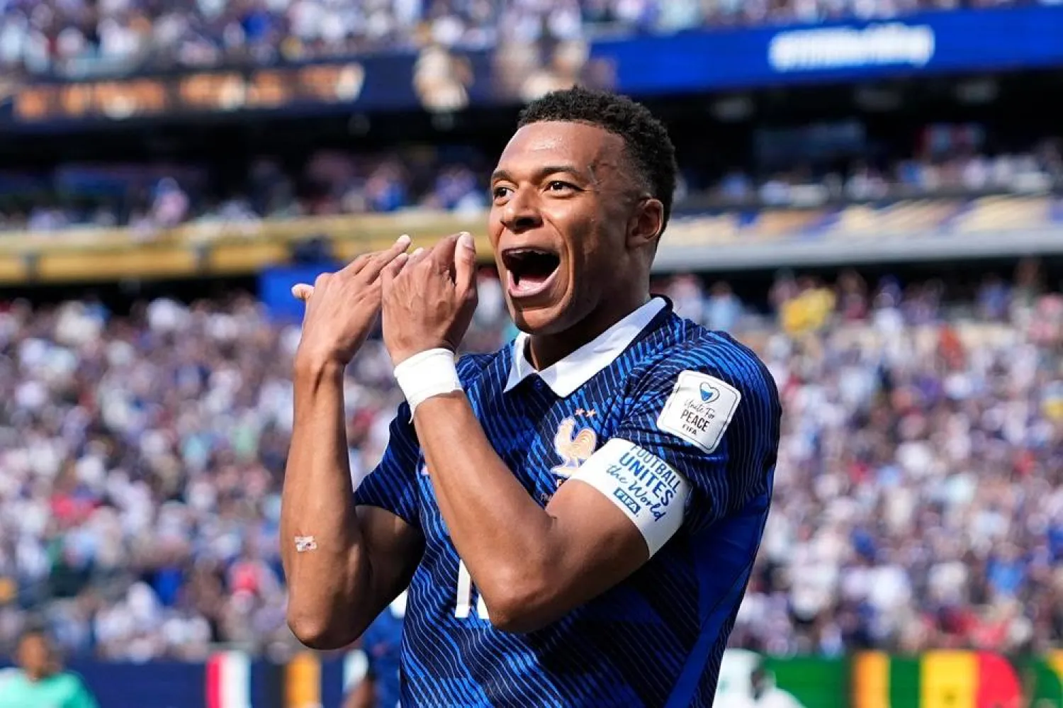  France's Kylian Mbappe celebrates after scoring the opening goal of his team during the World Cup Group I soccer match between France and Senegal in East Rutherford, N.J., near New York, Tuesday, June 16, 2026. (AP)