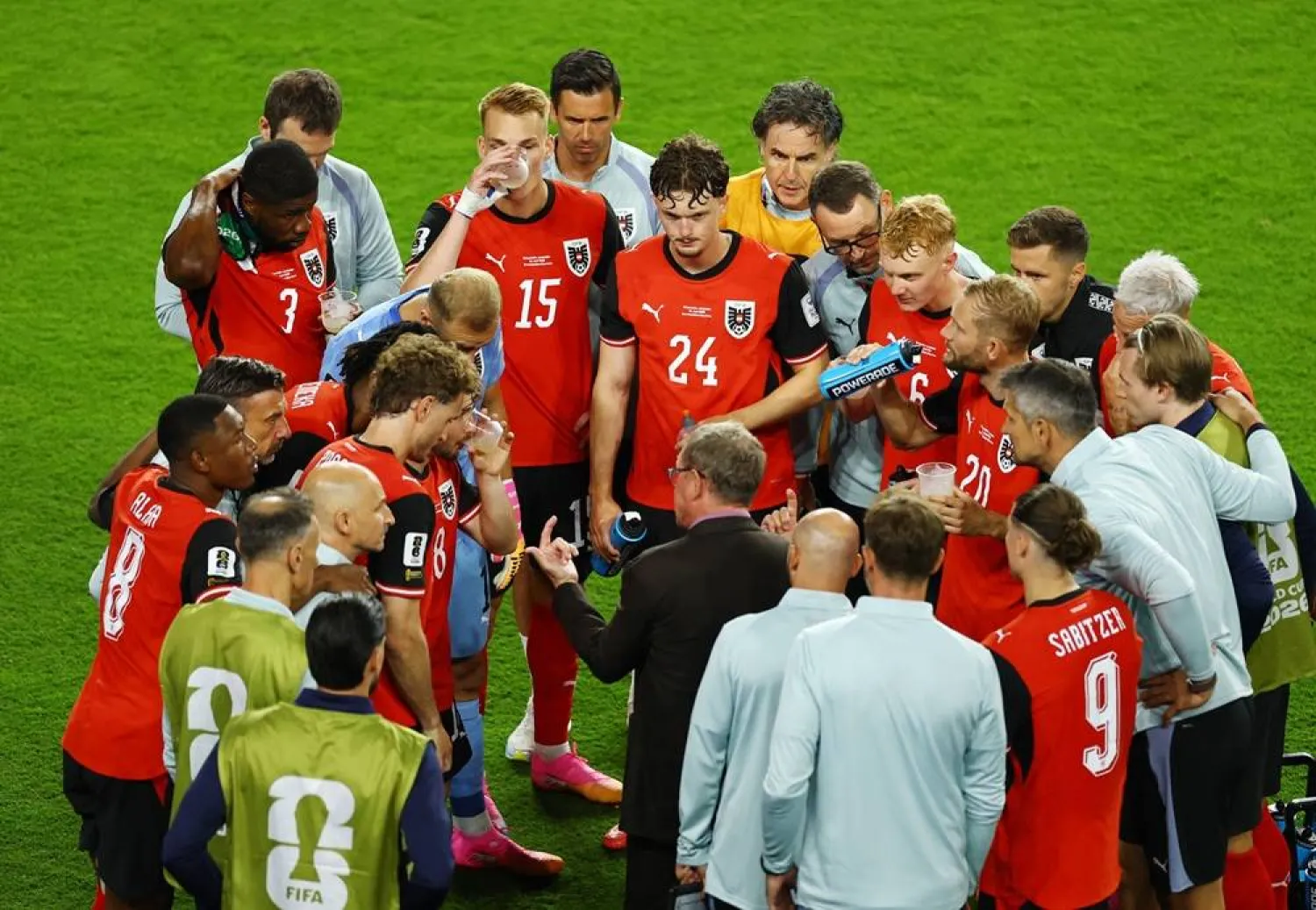 Football - FIFA World Cup 2026 - Group J - Austria v Jordan - San Francisco Bay Area Stadium, Santa Clara, California, US - June 16, 2026 Austria coach Ralf Rangnick speaks to players during a hydration break. (Reuters)
