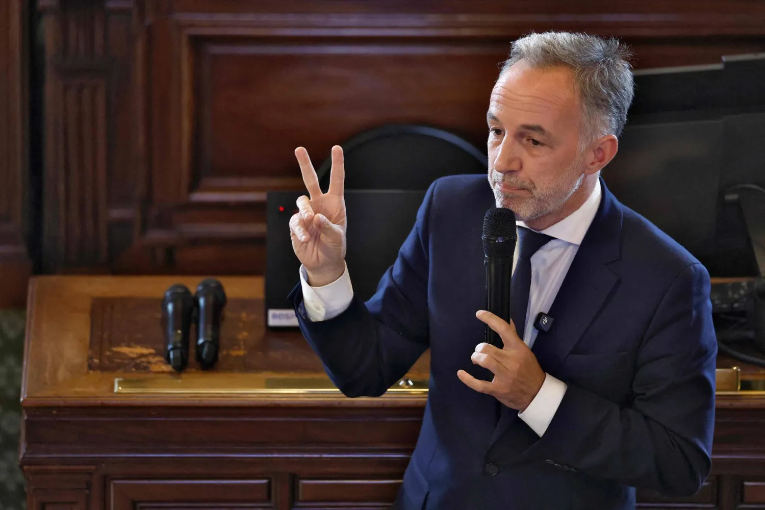 Paris' mayor Emmanuel Gregoire delivers a speech during the launch of a Citizens' Convention on Protecting Children and Their Time at School at Paris city hall in central Paris on May 18, 2026. (Photo by Kenzo TRIBOUILLARD / AFP)