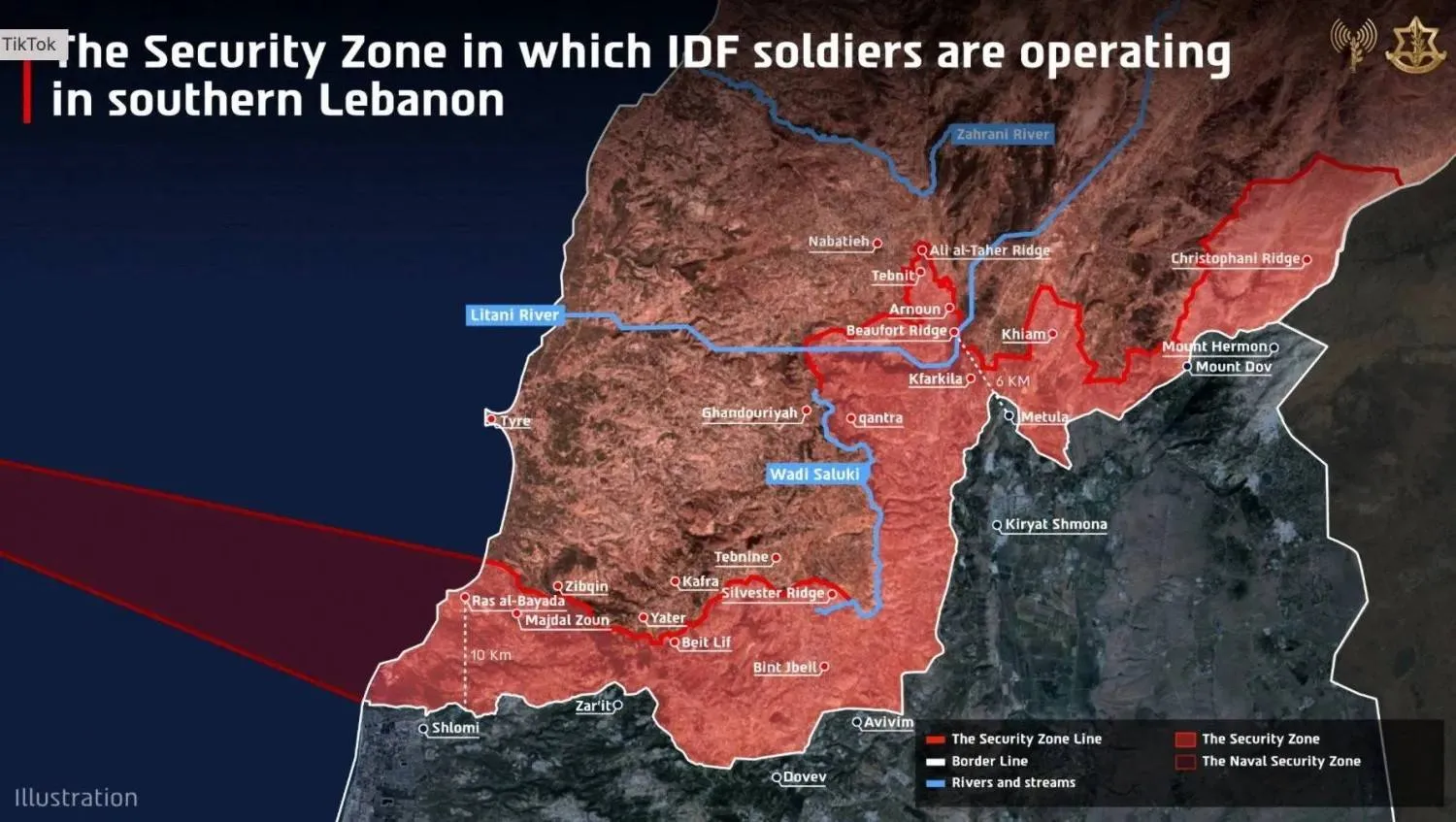 A map released by the Israeli army showing what it calls a “security zone” in south Lebanon. (Reuters)