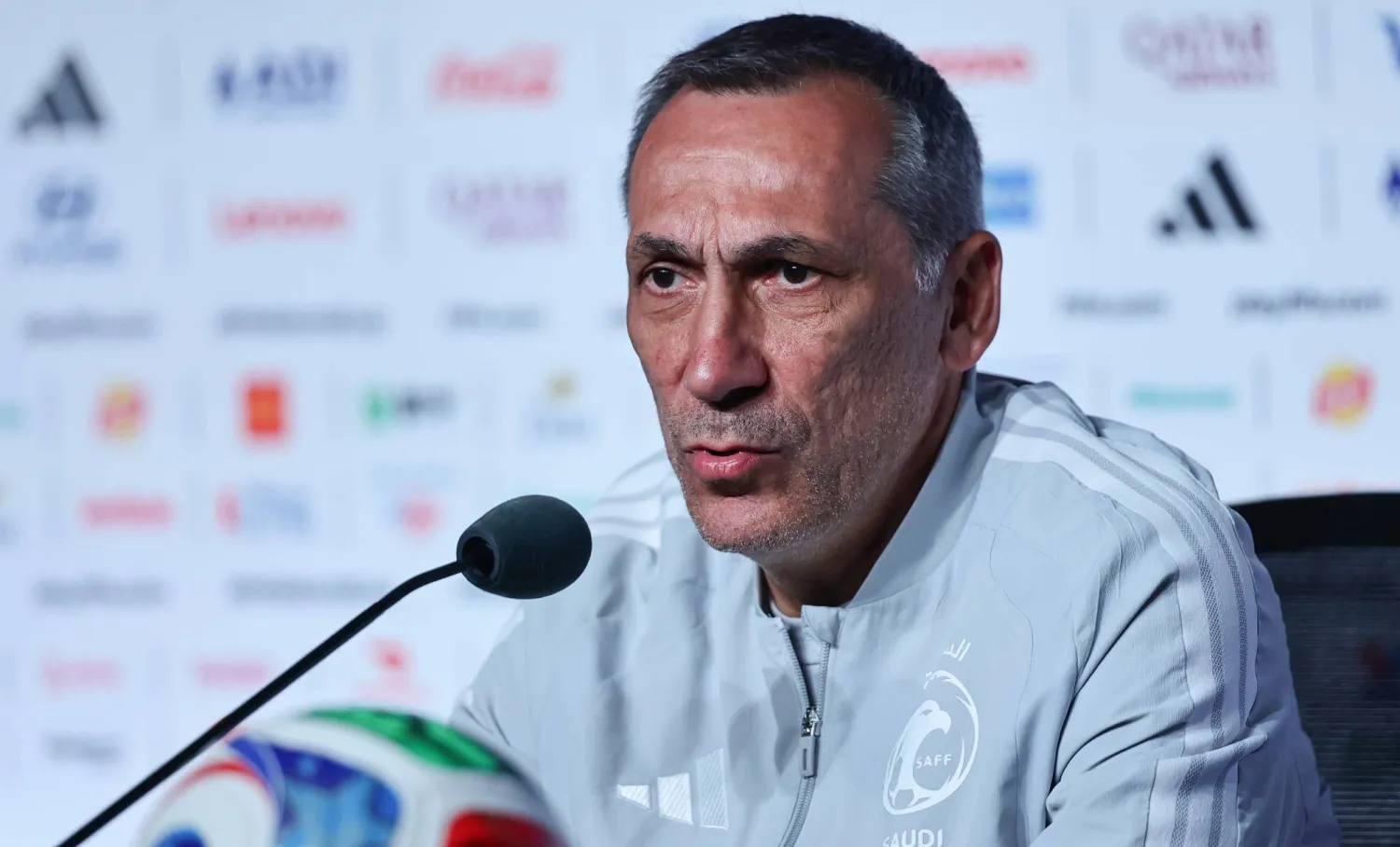 Saudi Arabia national football team head coach Georgios Donis attends a press conference in Atlanta, Georgia, USA, Saturday, 20 June 2026. (EPA)