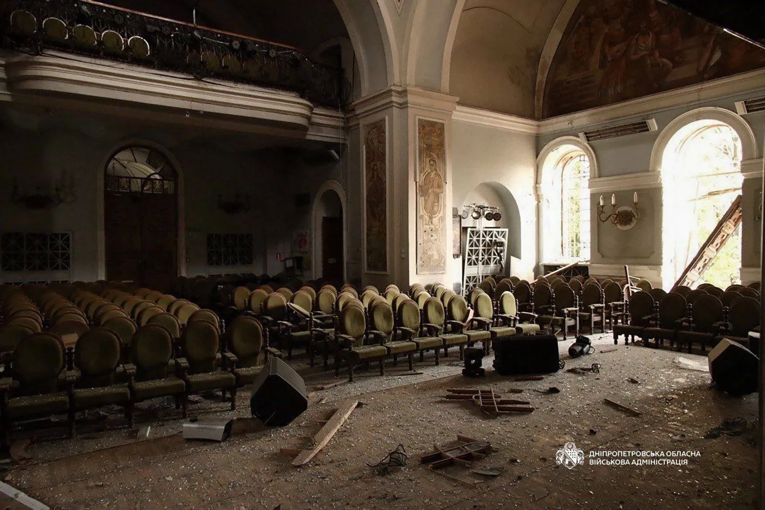 This handout photograph posted on the official Telegram channel of the Head of the Dnipropetrovsk Regional Military Administration on June 15, 2026 shows damage to the House of Organ and Chamber Music in Dnipro, amid the Russian invasion in Ukraine. (Handout / Telegram / @dnipropetrovskaODA / AFP)  
