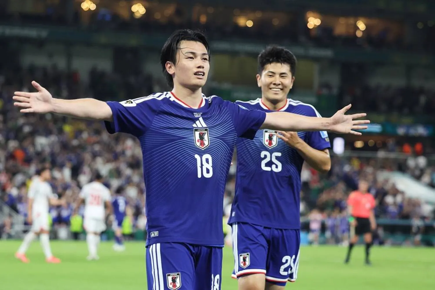  Japan's Ayase Ueda (18) celebrates scoring their fourth goal during the World Cup Group F soccer match between Tunisia and Japan in Guadalupe, near Monterrey, Mexico, Saturday, June 20, 2026. (AP) 