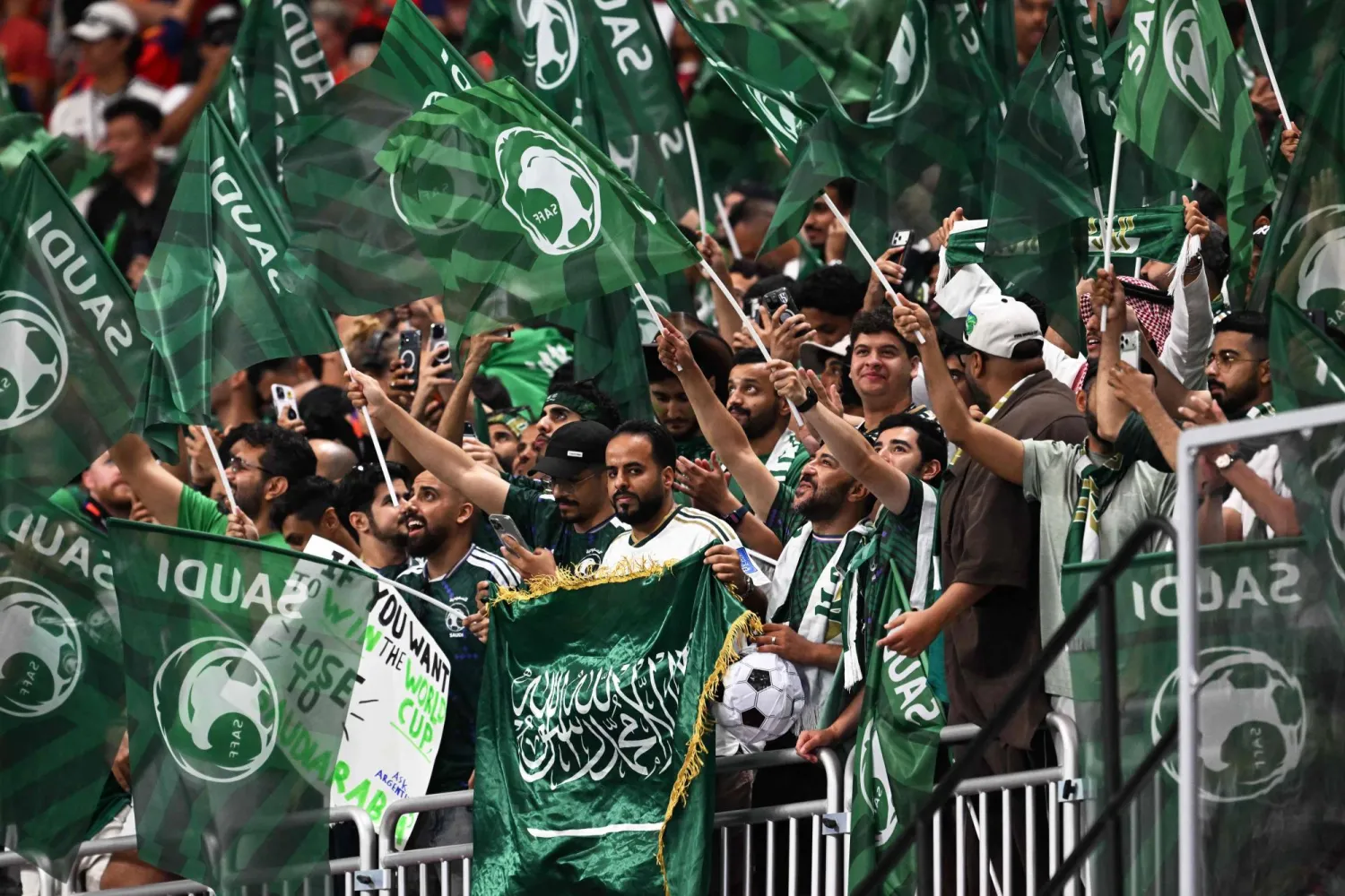 جماهير السعودية تلوّح بالأعلام في المدرجات (أ.ف.ب)
