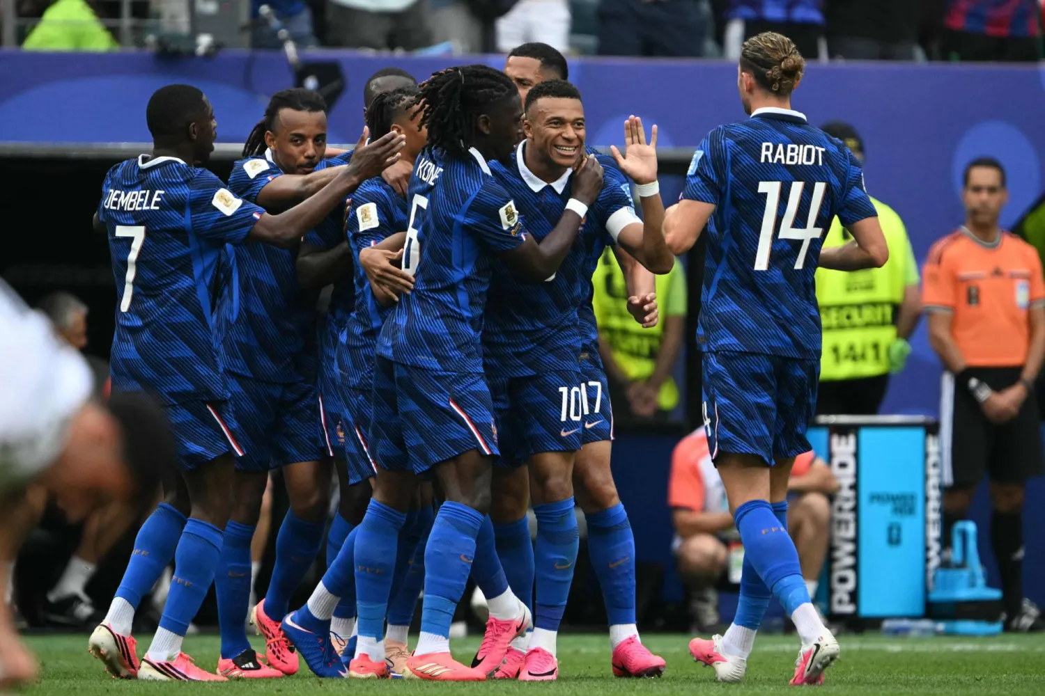 France's forward #10 Kylian Mbappe celebrates scoring his team's first goal with teammates during the 2026 World Cup Group I football match between France and Iraq at the Philadelphia Stadium in Philadelphia on June 22, 2026. (AFP) 