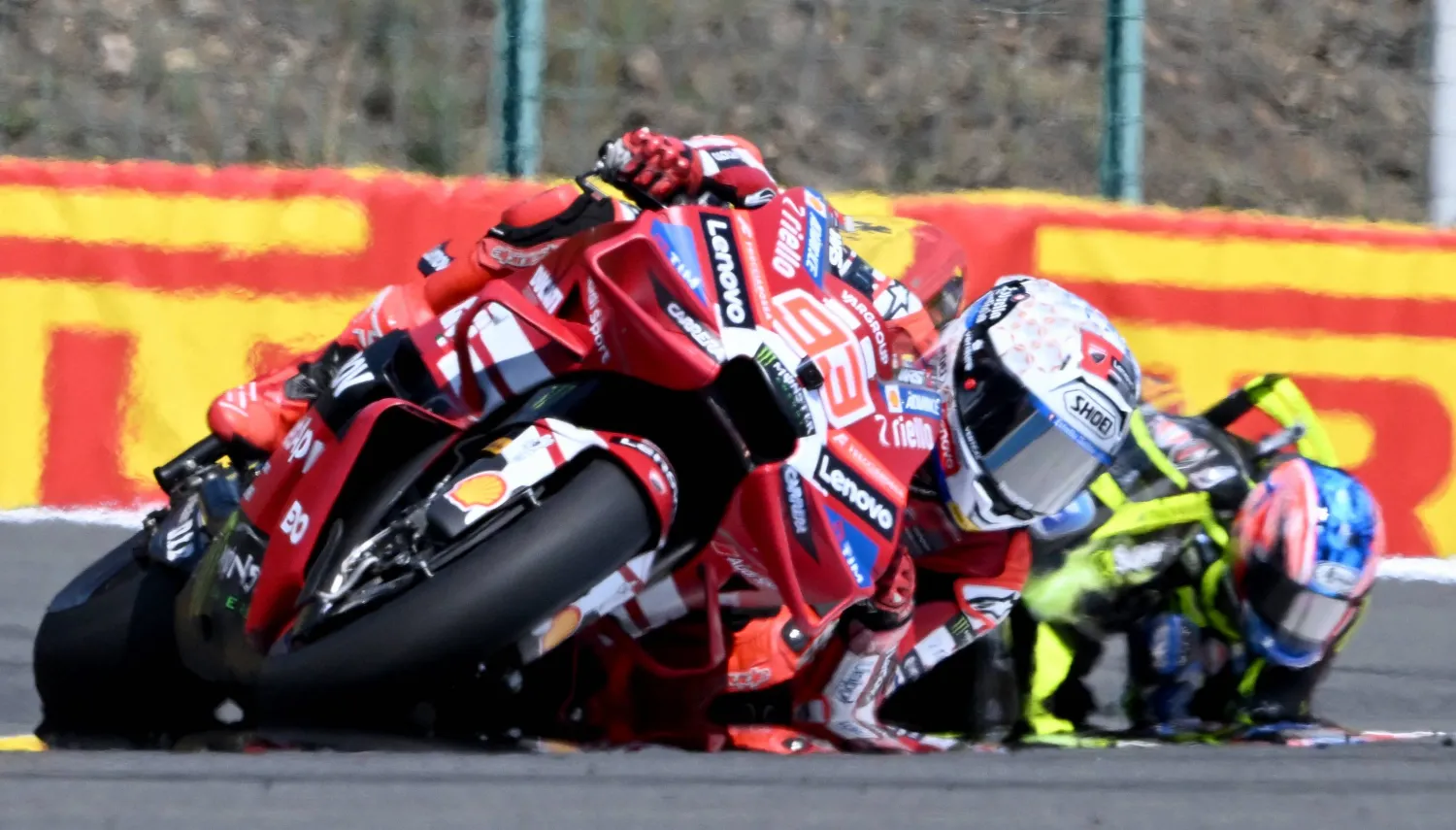 Team Ducati Lenovo Team's Marc Marquez (L) competes to win the MotoGP Grand Prix of Czechia in Brno, Czech Republic, on June 21, 2026. (Photo by Michal Cizek / AFP)