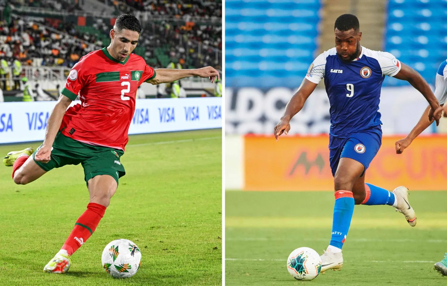 مدافع منتخب المغرب أشرف حكيمي (يسار) ومهاجم منتخب هايتي دوكنز نازون (أ.ف.ب)