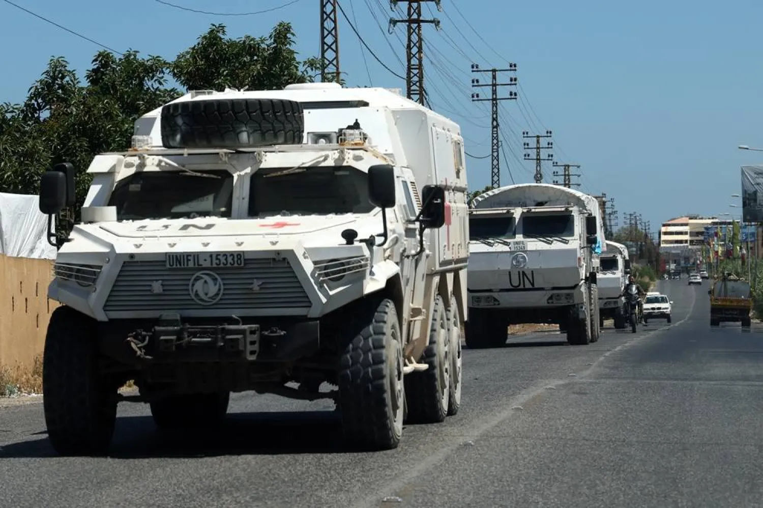 A convoy of the United Nations Interim Force in Lebanon (UNIFIL) travels through the village of Qlaileh, southern Lebanon, 19 June 2026. (EPA)