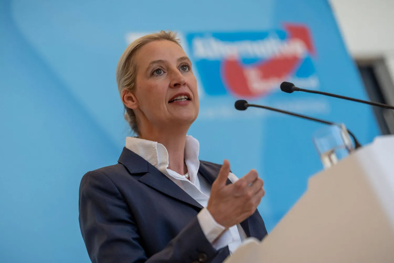 أليس فايدل رئيسة الكتلة البرلمانية لحزب «البديل من أجل ألمانيا» (AfD) تلقي كلمة للإعلام قبل بدء اجتماع الكتلة البرلمانية للحزب في البرلمان الألماني 23 يونيو 2026 (د.ب.أ)