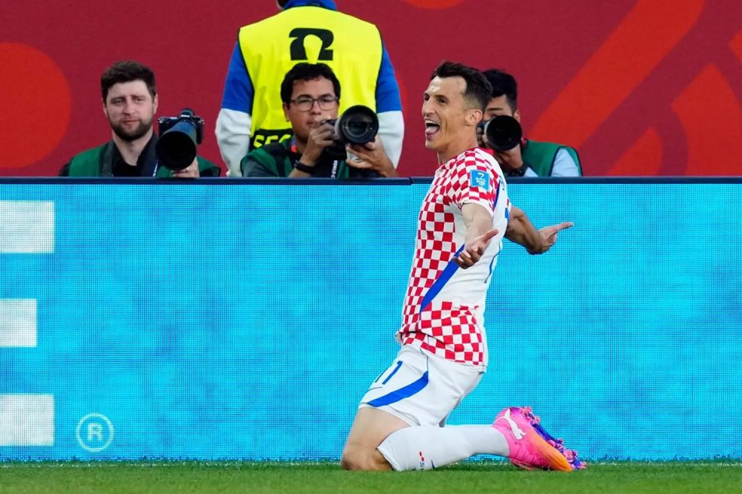  Croatia's Ante Budimir (11) celebrates a goal against Panama during the second half of a World Cup Group L soccer match, in Toronto, on Tuesday, June 23, 2026. (Frank Gunn/The Canadian Press via AP) 