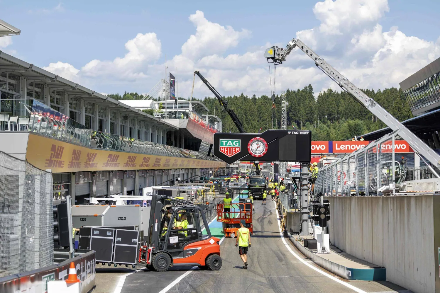 Preparation works are under way on the Red Bull Ring race track in Spielberg, Austria on June 24, 2026, ahead of the Formula One Austrian Grand Prix. (Photo by ERWIN SCHERIAU / APA / AFP)
