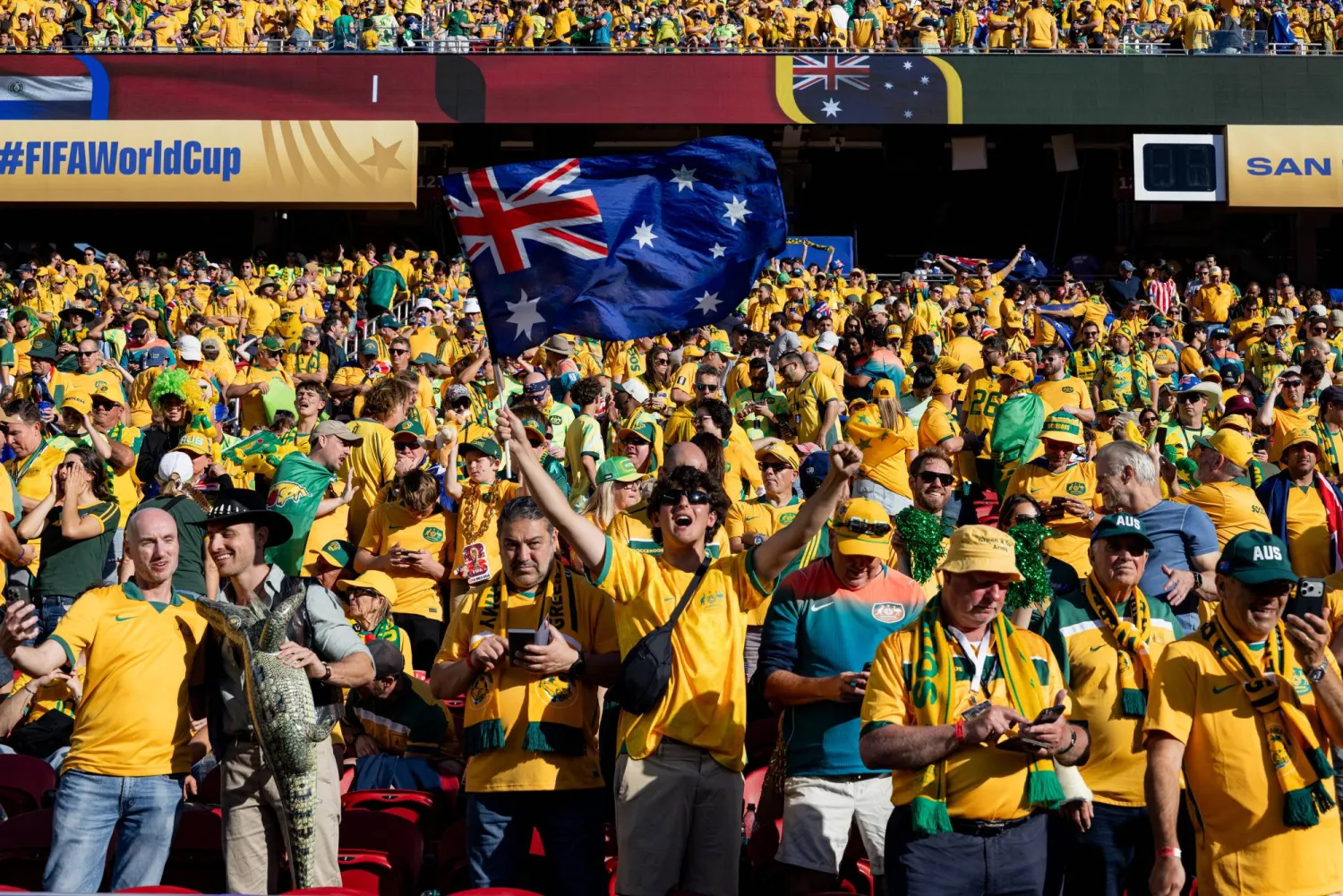 Australia fans cheer during the FIFA World Cup 2026 Group D match between Paraguay and Australia at the San Francisco Bay Area Stadium in Santa Clara, California, USA, 25 June 2026. EPA/Jason Henry 