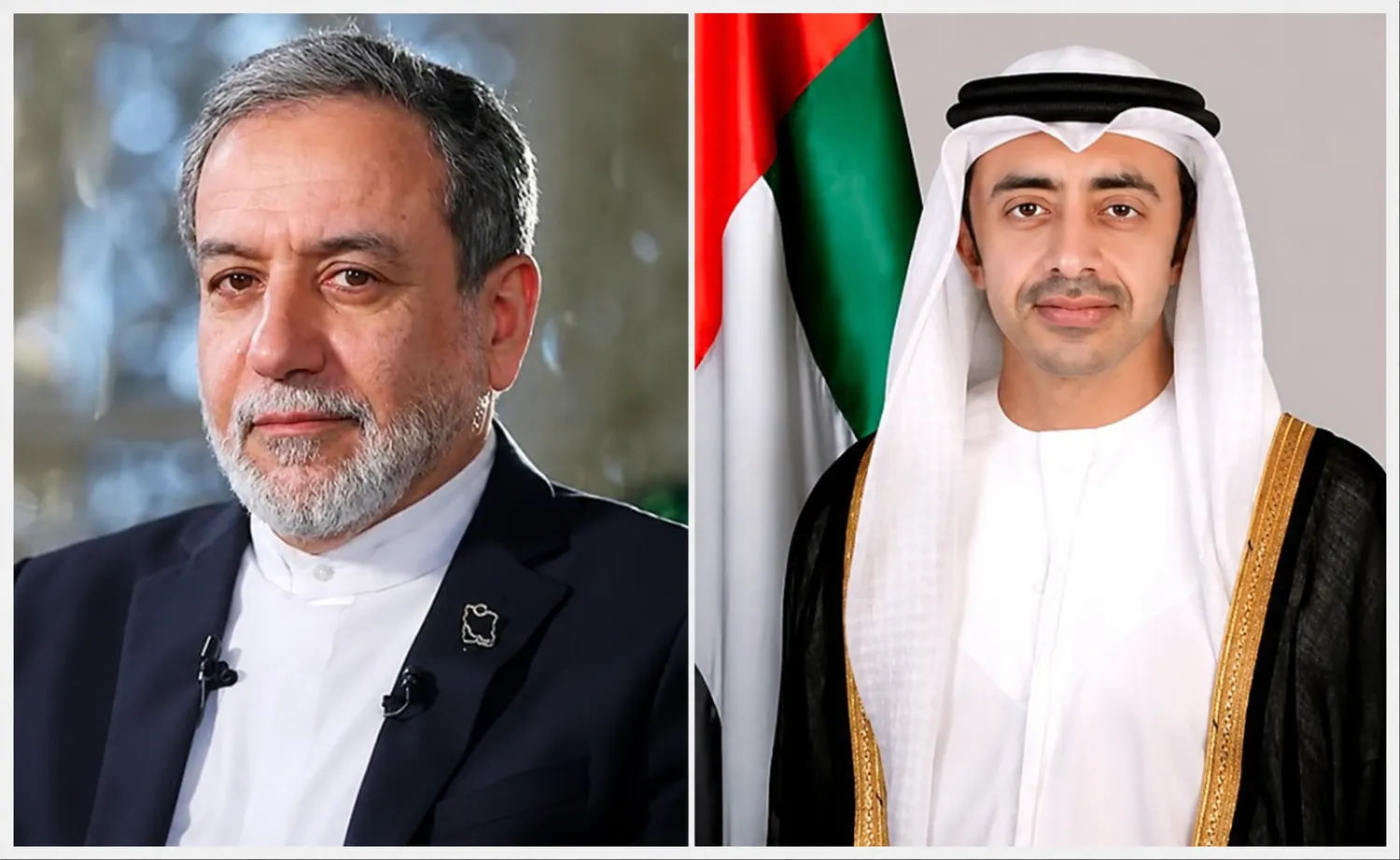 الشيخ عبد الله بن زايد آل نهيان وزير الخارجية الإماراتي وعباس عراقجي وزير الخارجية الإيراني (وام) 